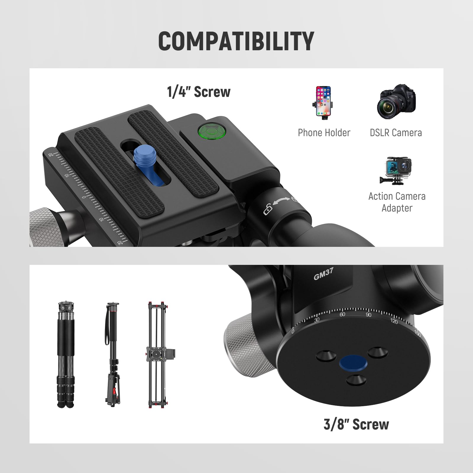 NEEWER 3-Way Pan Tilt Tripod Head with ±15° Leveling Bowl, 3-Axis Fluid Damping Head for DSLR Cameras - Arca-Swiss Quick Release Plate, 13.2lb Load Capacity, Retractable Handle (Model GM37) - Perfect for Photography, Videography & Live Streaming