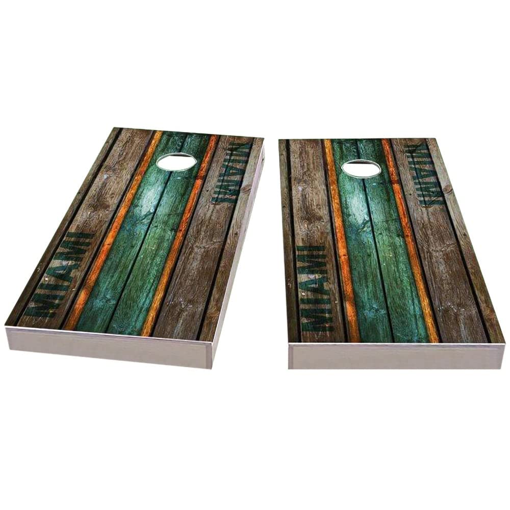 Premium Miami City Themed Cornhole Game Set - 2 Solid Wood Boards & 8 All-Weather Bean Bags - Outdoor Lawn Games for Backyard, Tailgating, and Beach Parties