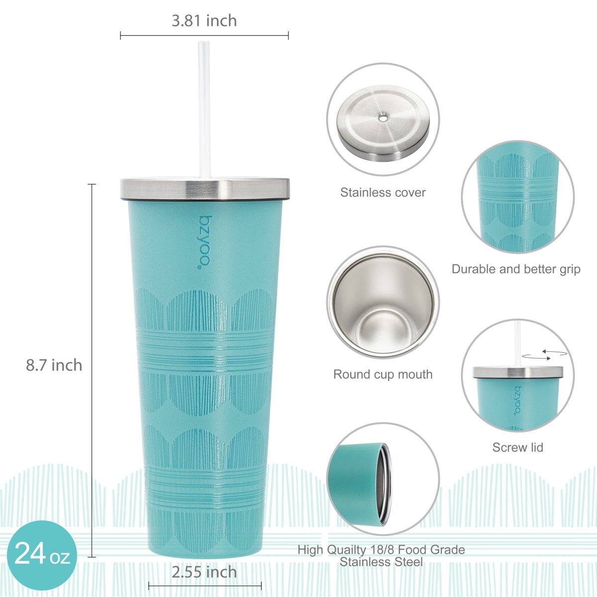 24oz Double Wall Vacuum Insulated Stainless Steel Tumbler with Straw Lid - Scribe Light Blue | Leakproof Travel Mug for Coffee, Tea & Cold Drinks | Gym, Office & Outdoor Use