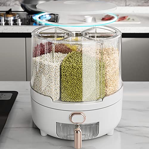 6-Compartment Rotating Rice Dispenser - PP Plastic Dry Food Storage Container for Rice, Beans & Grains | Kitchen Pantry Organizer for Countertop & Cabinet (White)