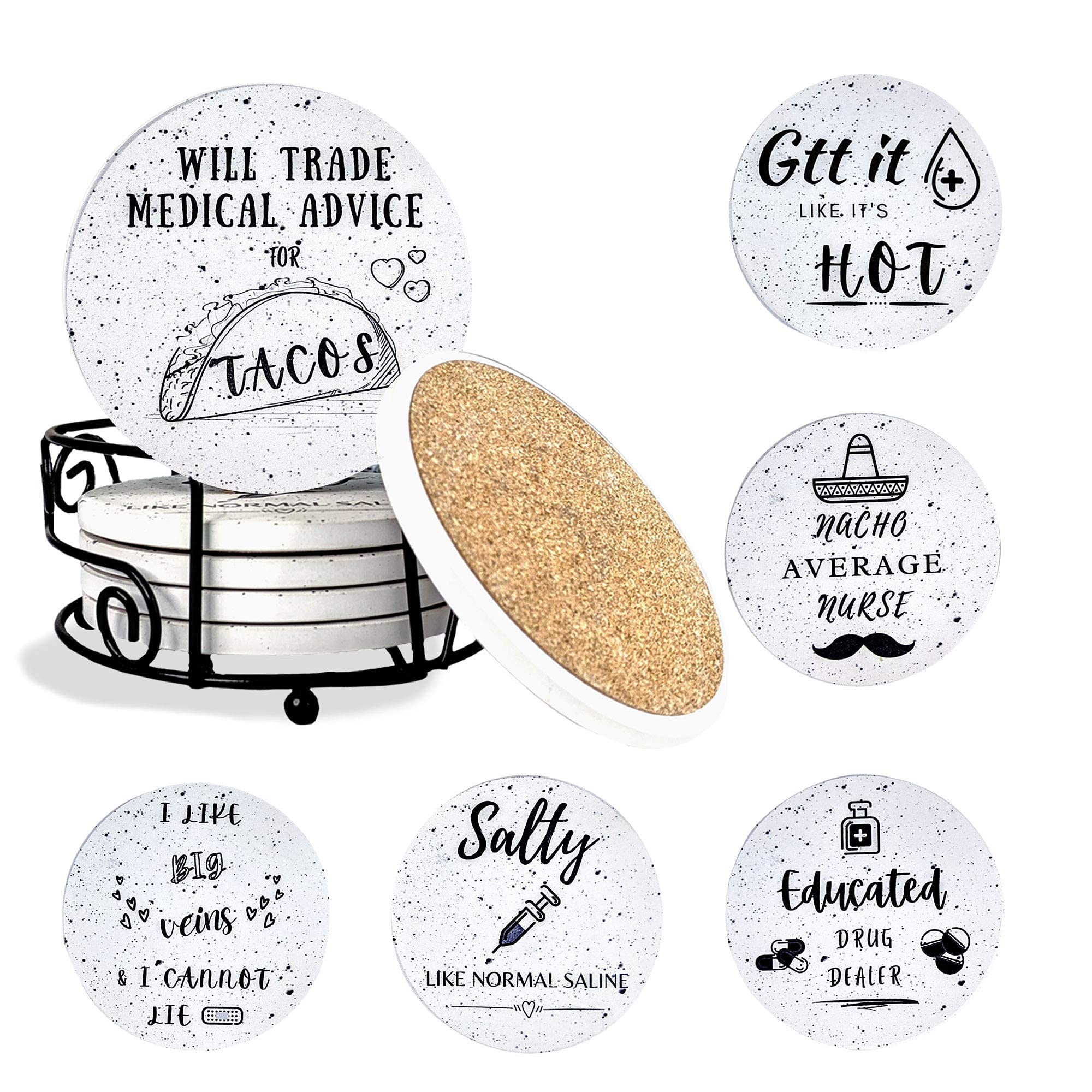 Absorbent Ceramic Coasters with Cork Base - Perfect Nurse, Doctor & Medical Gifts for Women & Men | Stainless Steel Double Walled Wine & Coffee Tumbler - Ideal for Hospitals, Clinics & Home Use