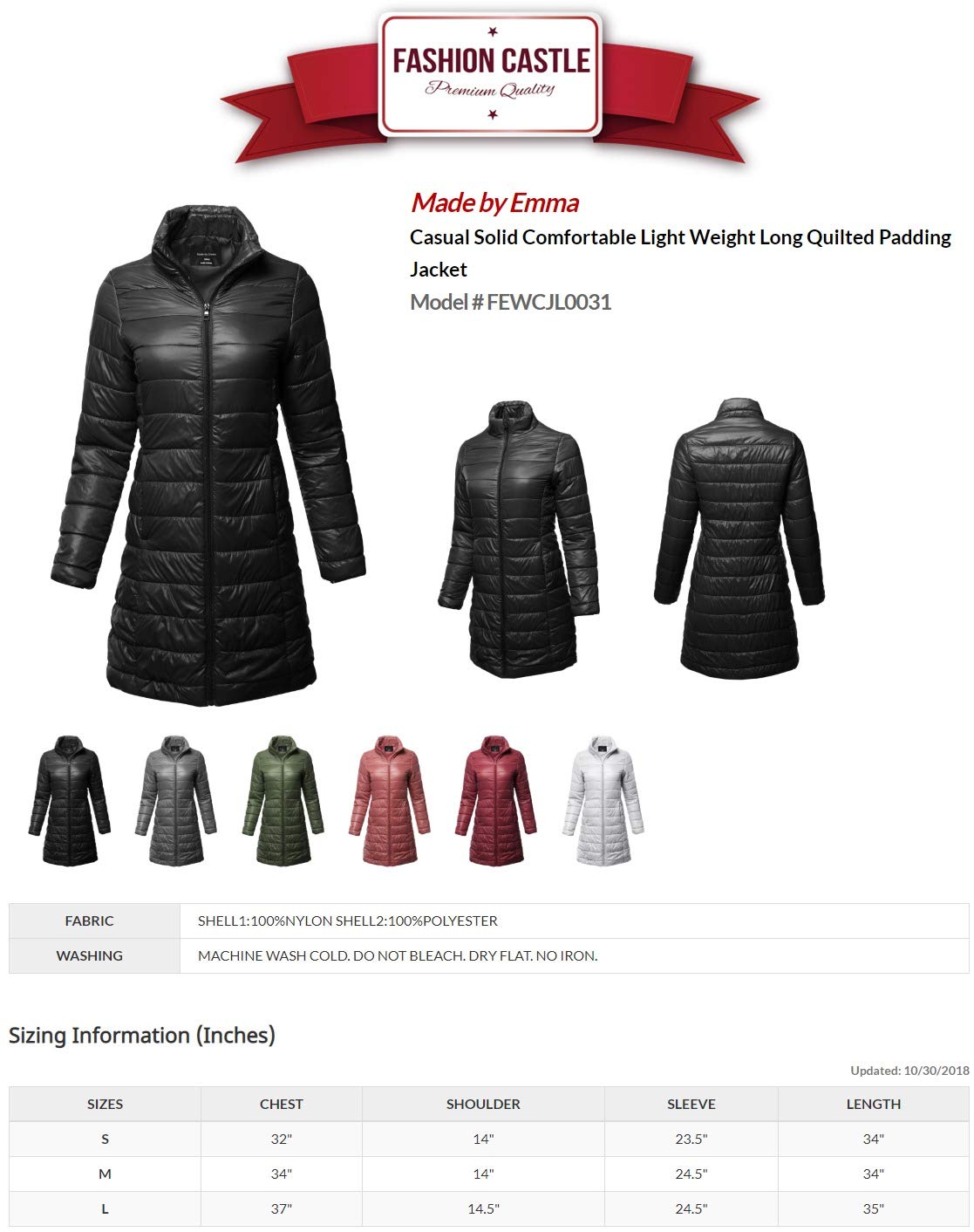 Emma Women's Lightweight Quilted Puffer Jacket - Solid Color Outdoor Sports Coat for Hiking, Running & Winter Activities