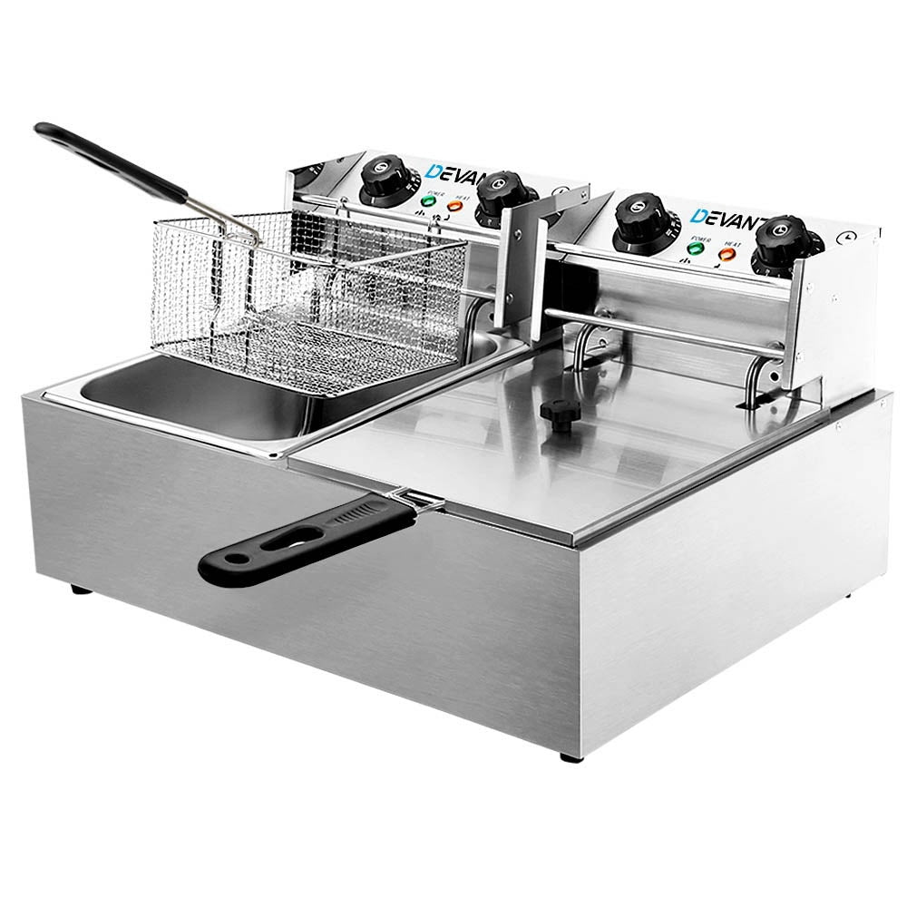 Devanti 20L Commercial Deep Fryer with Double Baskets - 4400W Electric Deep Fryer for Restaurants, Food Trucks & Catering - Perfect for Frying Chicken, Fish, Fries & More