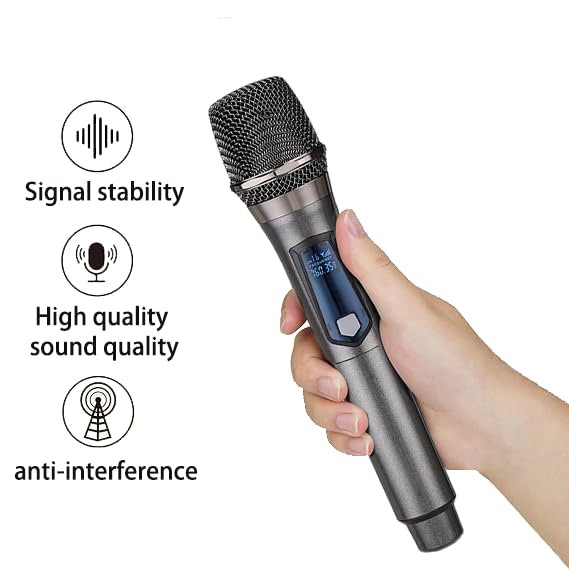 Rechargeable Wireless Dual Microphone System - 200ft Range Karaoke Microphones for Singing, DJ, Party & Events (Gray & Red) - Perfect for Home Karaoke, Wedding Performances, Church Services & Classroom Presentations
