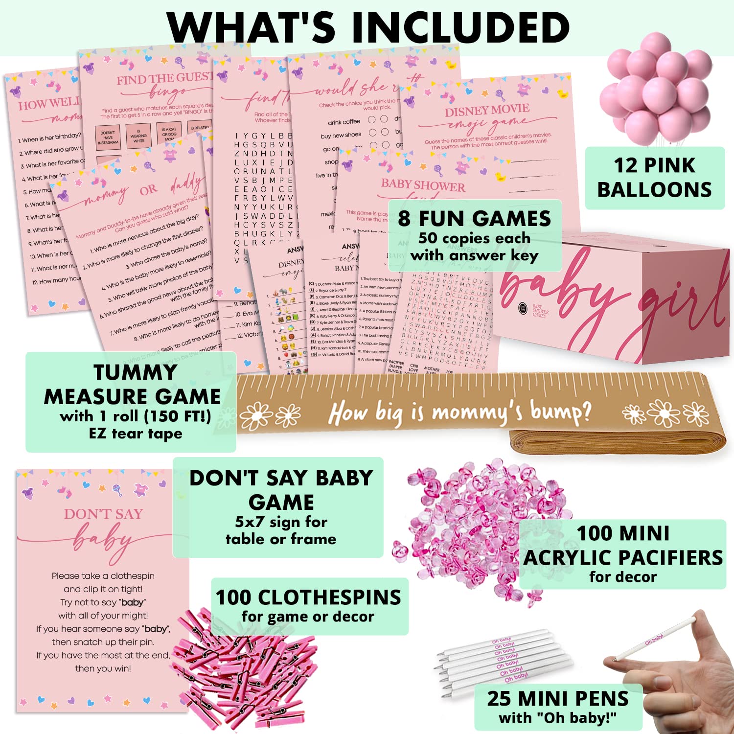 Baby Shower Games for Girls - Don't Say Baby, Tummy Tape, Bingo Cards & Decorations Set - 10 Fun Games with 25 Pens, 100 Acrylic Pacifiers, Clothespins & Balloons - Perfect for Baby Shower Party Activities & Gender Reveal Celebrations