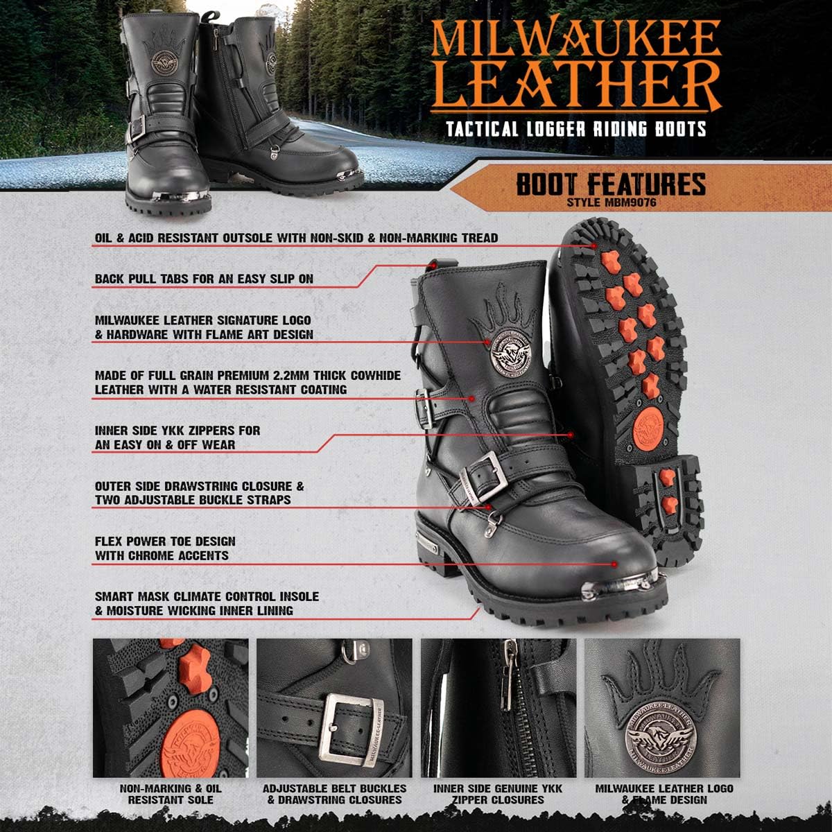 Milwaukee Leather Men's Motorcycle Boots - Black, Size 12 US - Durable Riding Boots for Cruiser & Harley Davidson Bikers