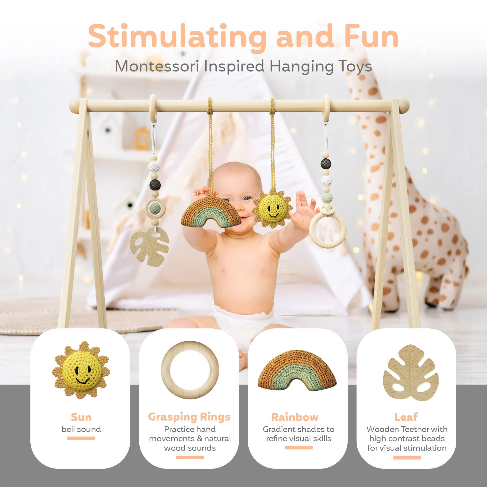 Premium Wooden Baby Play Gym - Natural Non-Toxic Infant Activity Gym with Tummy Time Mat | Newborn Developmental Toy for Crawling & Sensory Play | Perfect Baby Shower Gift & Registry Essential