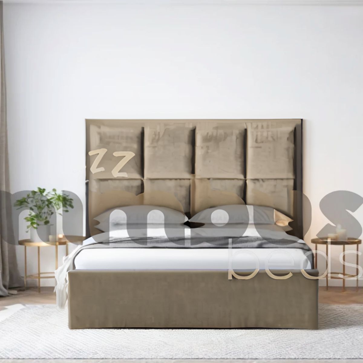 8 Square Panel Bed Frame - Queen Size Wooden Platform Bed with Upholstered Headboard - Perfect for Modern Bedrooms & Guest Rooms