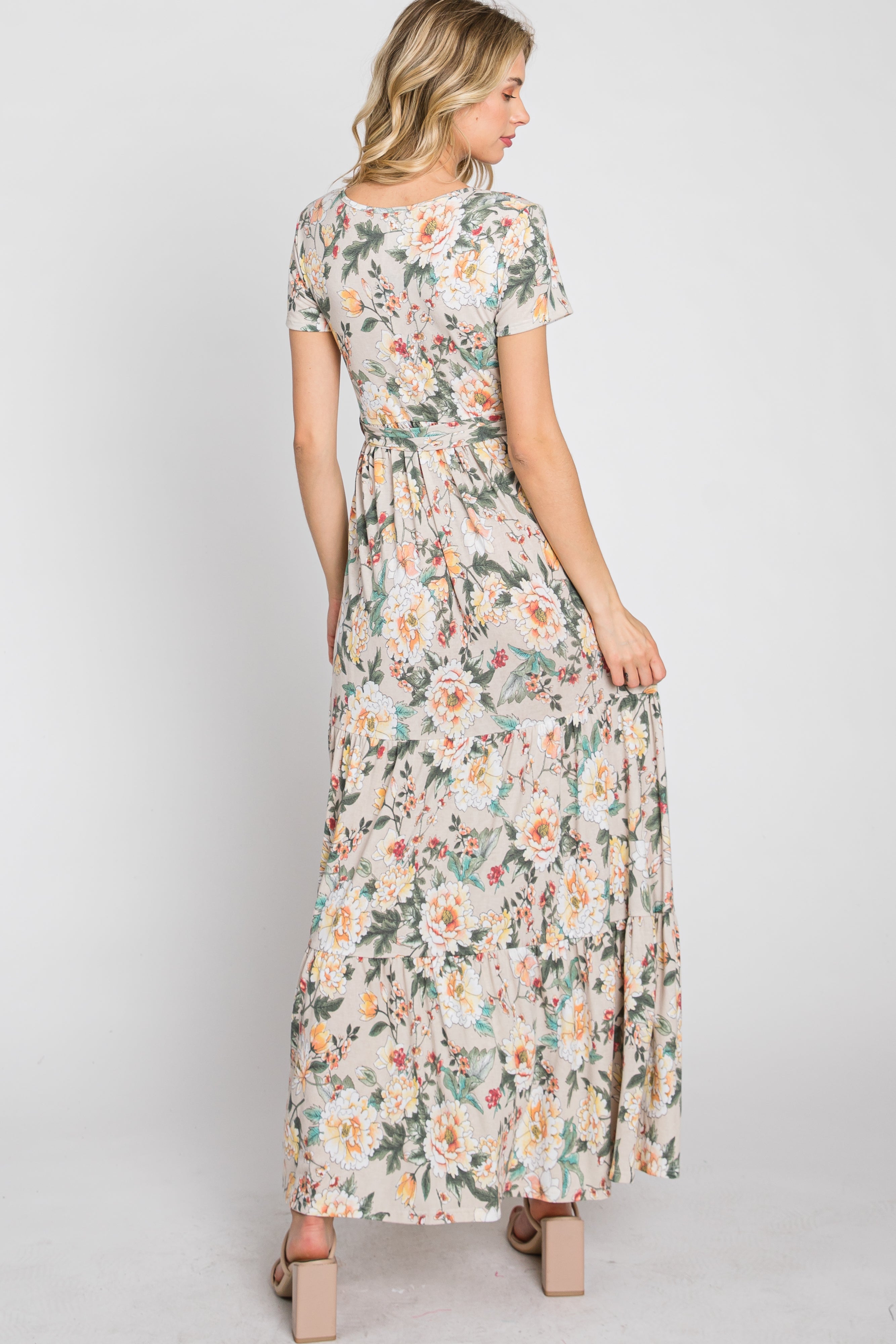 Beige Floral Tiered Maxi Dress for Women - Boho Summer Beach Dress with Pockets, Elegant Long Flowy Dress for Vacations, Weddings & Outdoor Events