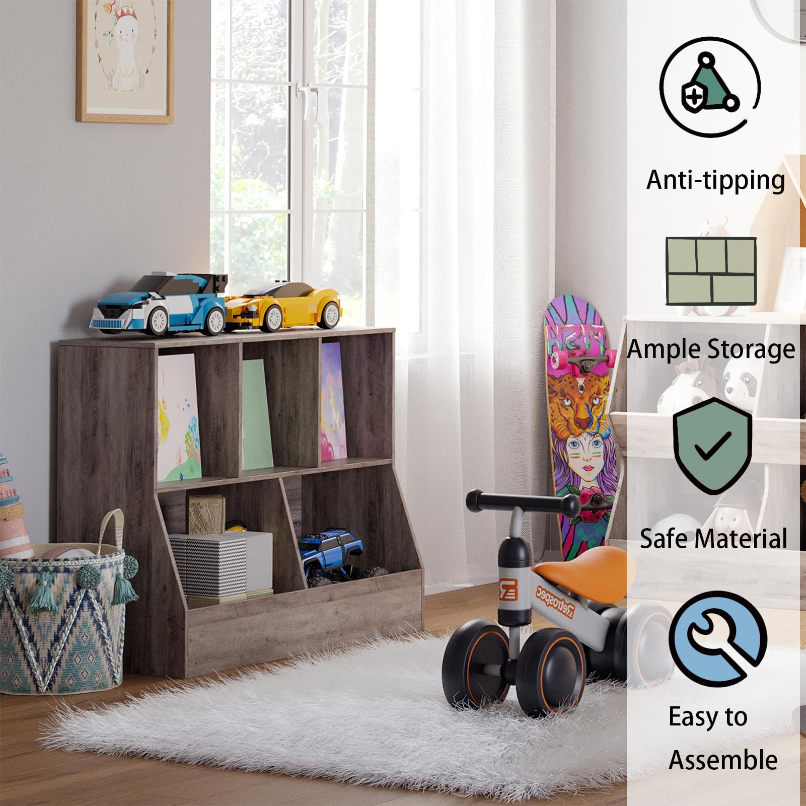 DINZI LVJ 5-Cubby Wooden Toy Storage Organizer & Kids Bookshelf - Greige, 35.4