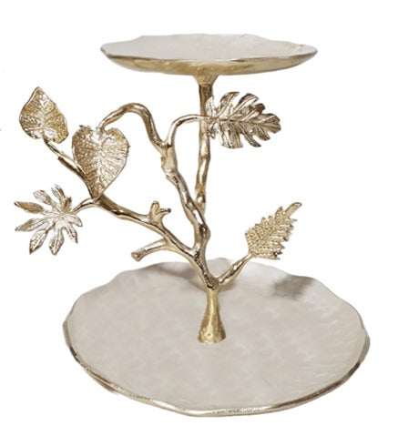 15x11x12 Inch 2-Tier Gold Leaf Design Stand - Elegant Home & Office Organizer for Jewelry, Cosmetics, and Decor