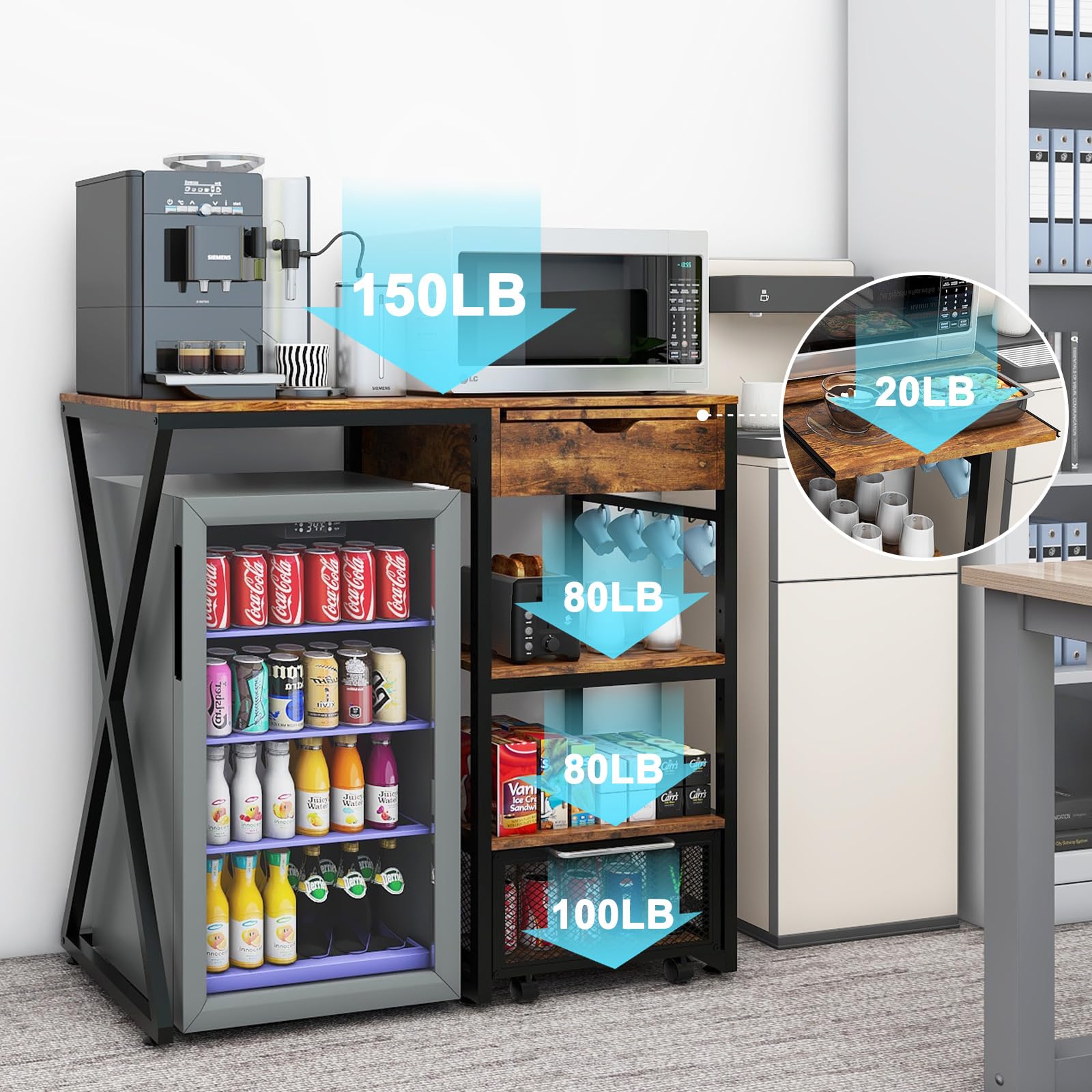 PUNCIA Coffee Bar Cabinet with Mini Fridge - Beverage & Wine Storage Organizer with Power Outlet, Work Platform & Microwave Stand - Perfect for Home, Dorm, Office & Small Spaces