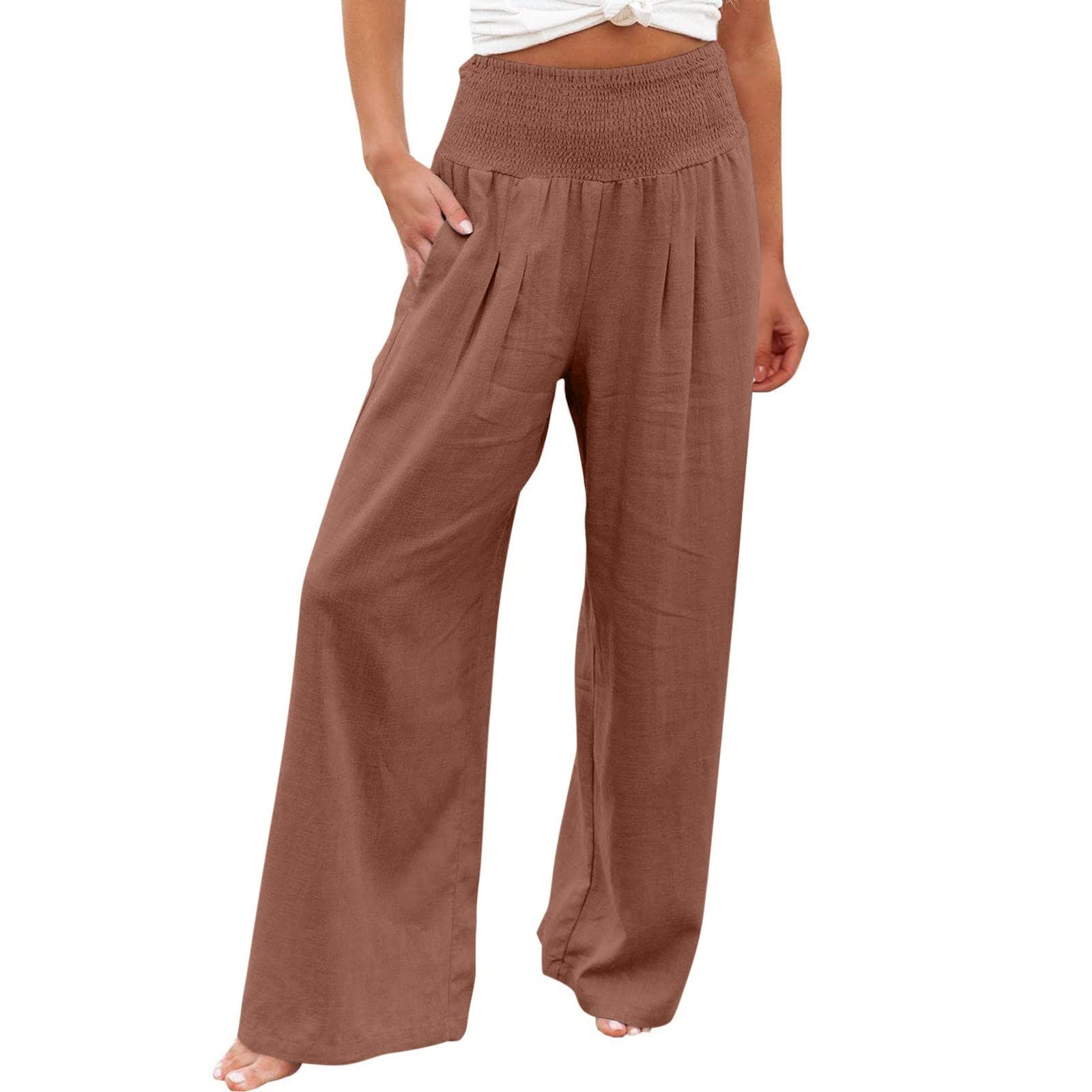 SMIDOW Women's Wide Leg Pants - High Waisted Elastic Cotton Linen Lounge Pants for Business Casual & Work | Comfortable Office Wear & Home Relaxation