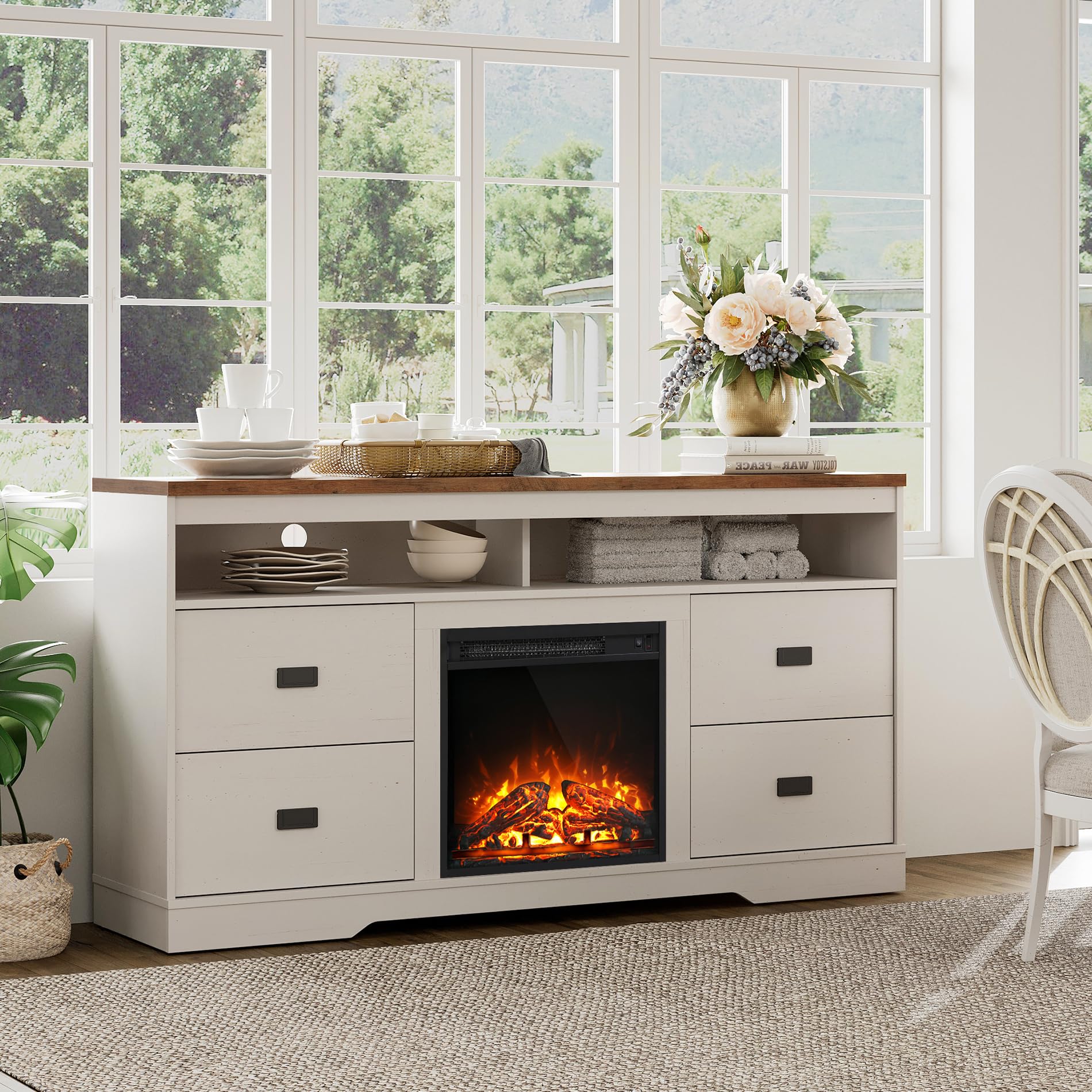 WAMPAT 65 Inch Farmhouse Style TV Stand with Electric Fireplace - Rustic Wood Entertainment Center with Storage & Adjustable Shelves - Antique White Finish - Perfect for Living Room, Bedroom or Home Theater Setup