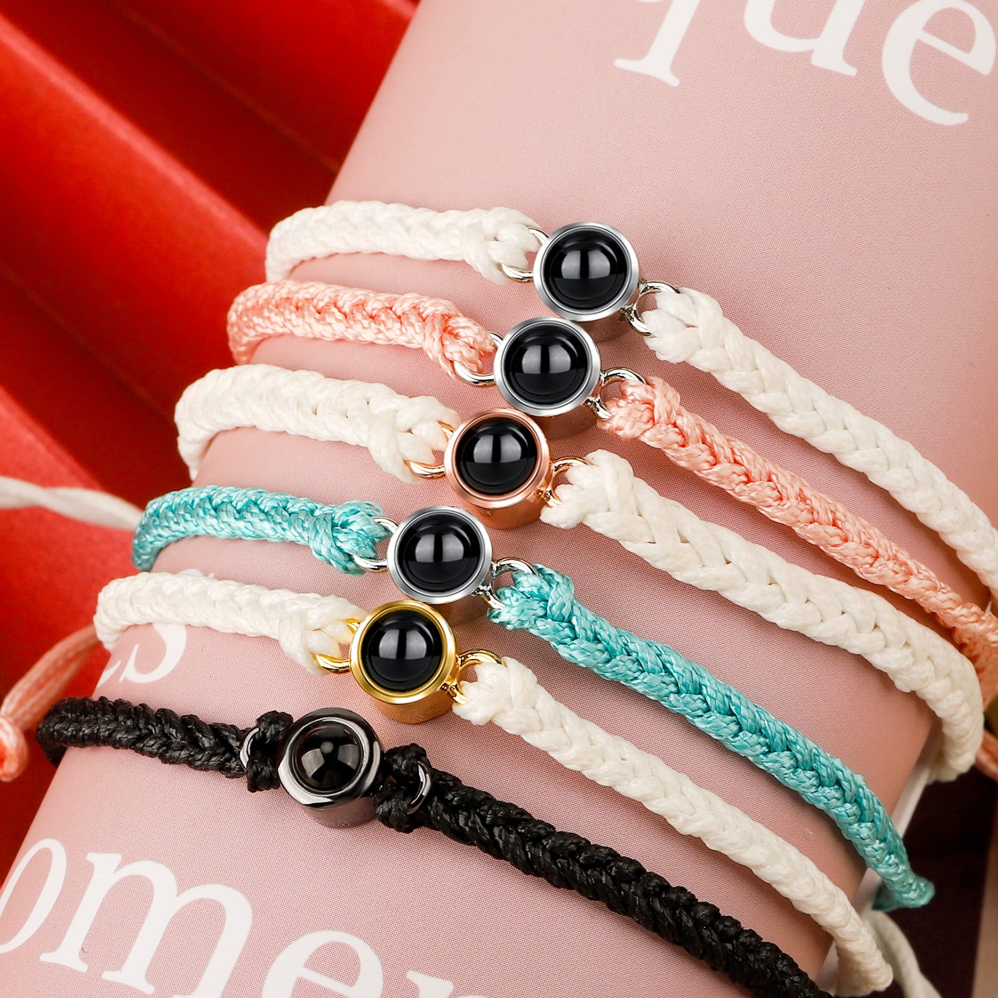 Personalized Photo Projection Bracelet for Men & Women - Custom Engraved Adjustable Braided Rope Bracelet with 