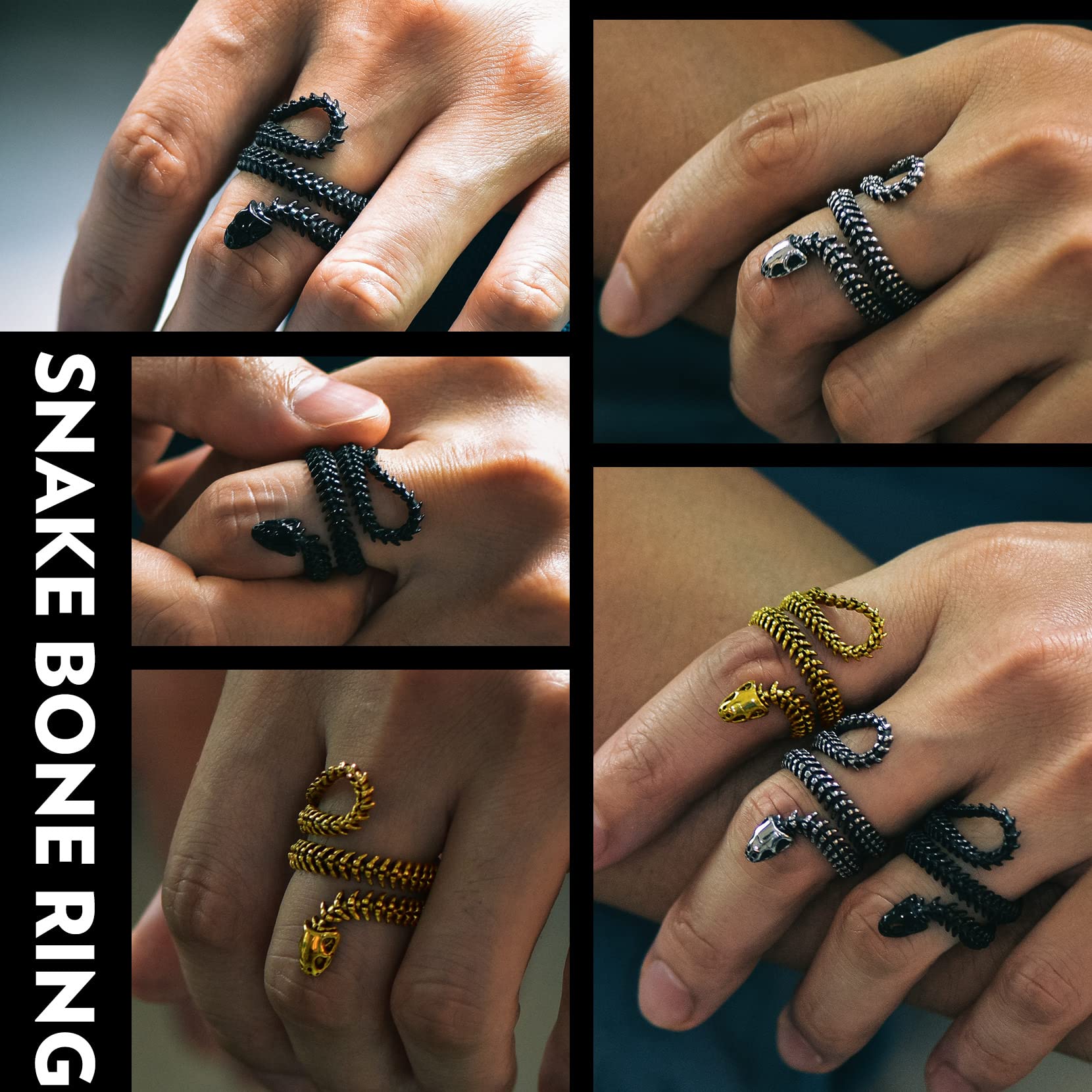 Stainless Steel/Gold Plated/Black Snake Vertebrae Loop Bone Cast Ring for Men & Women - Punk Gothic Biker Jewelry with Gift Box - Perfect for Halloween, Gothic Parties & Alternative Fashion