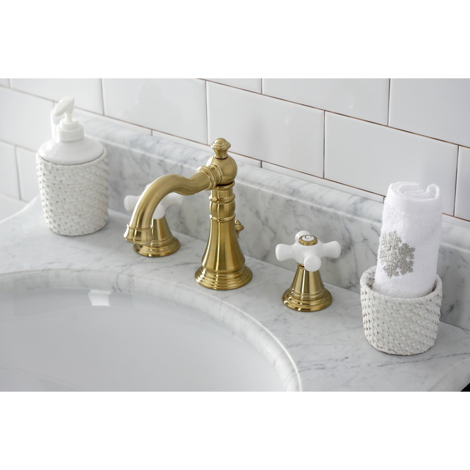American Classic FSC1973APX 3-Hole Widespread Bathroom Faucet with Brass Pop-Up Drain - Brushed Brass Finish - Two Handle Deck Mount Sink Faucet for Bathroom Vanity, Powder Room & Guest Bath Installation