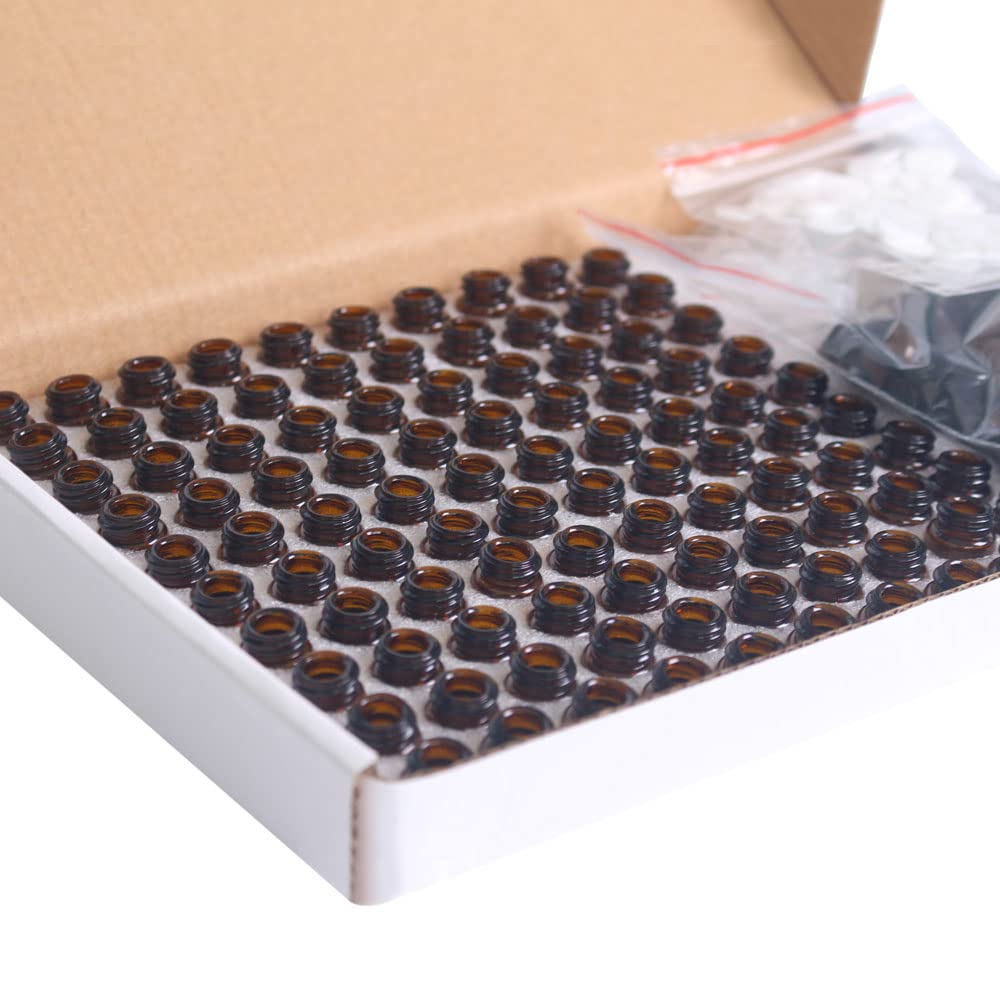 EXCLUZO 100pcs 1ml Amber Glass Bottles with Black Caps - Essential Oil Sample Bottles, Refillable EMP Bottles for Perfume, Aromatherapy & DIY Blends | Perfect for Travel, Gifts & Home Use