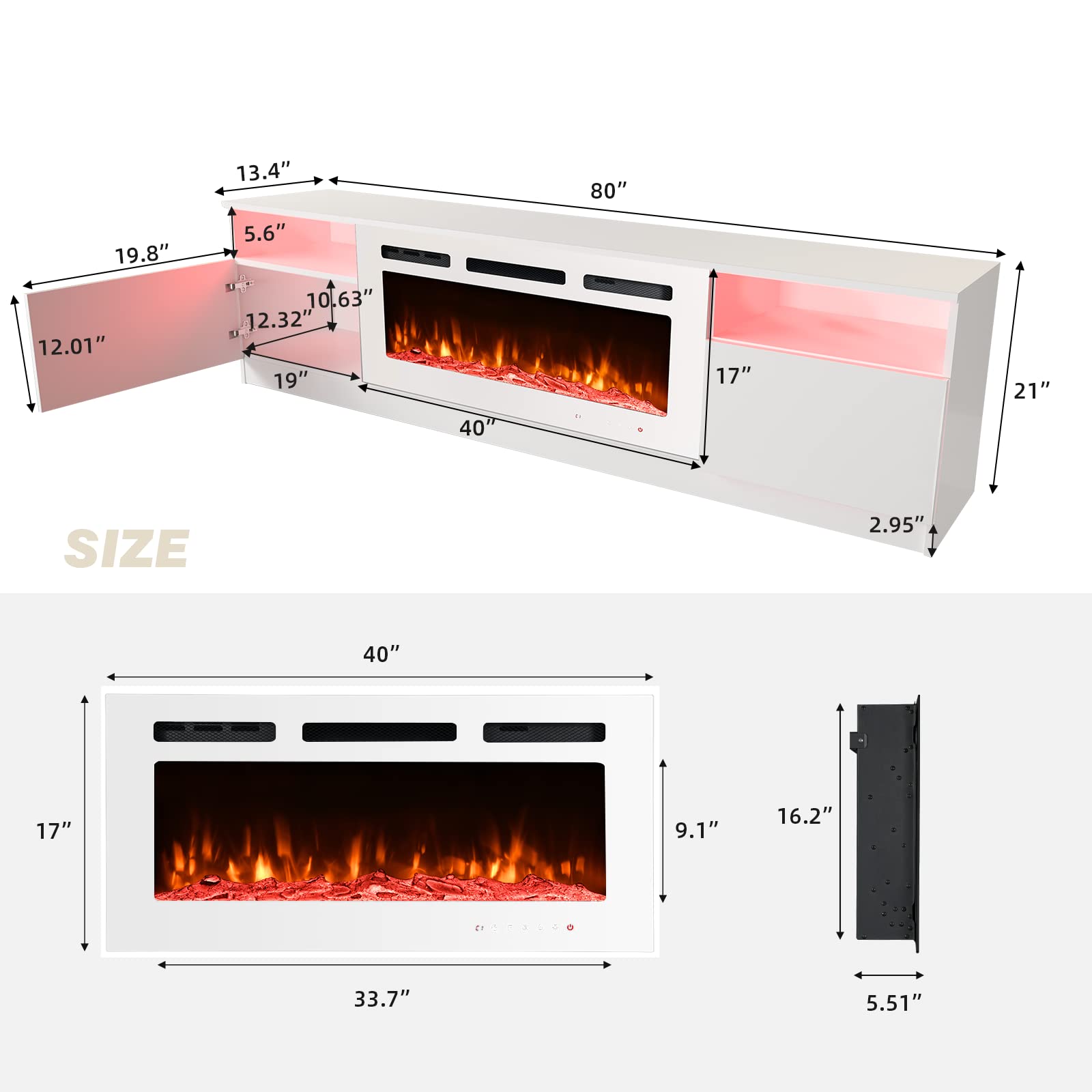 80'' Fireplace TV Stand with 40'' Electric Fireplace Heater - 16 Color LED Lights & 12 Flame Effects - Entertainment Center for TVs up to 90'' - Modern White TV Console for Living Room - Perfect for Home Theater Setup & Cozy Winter Nights