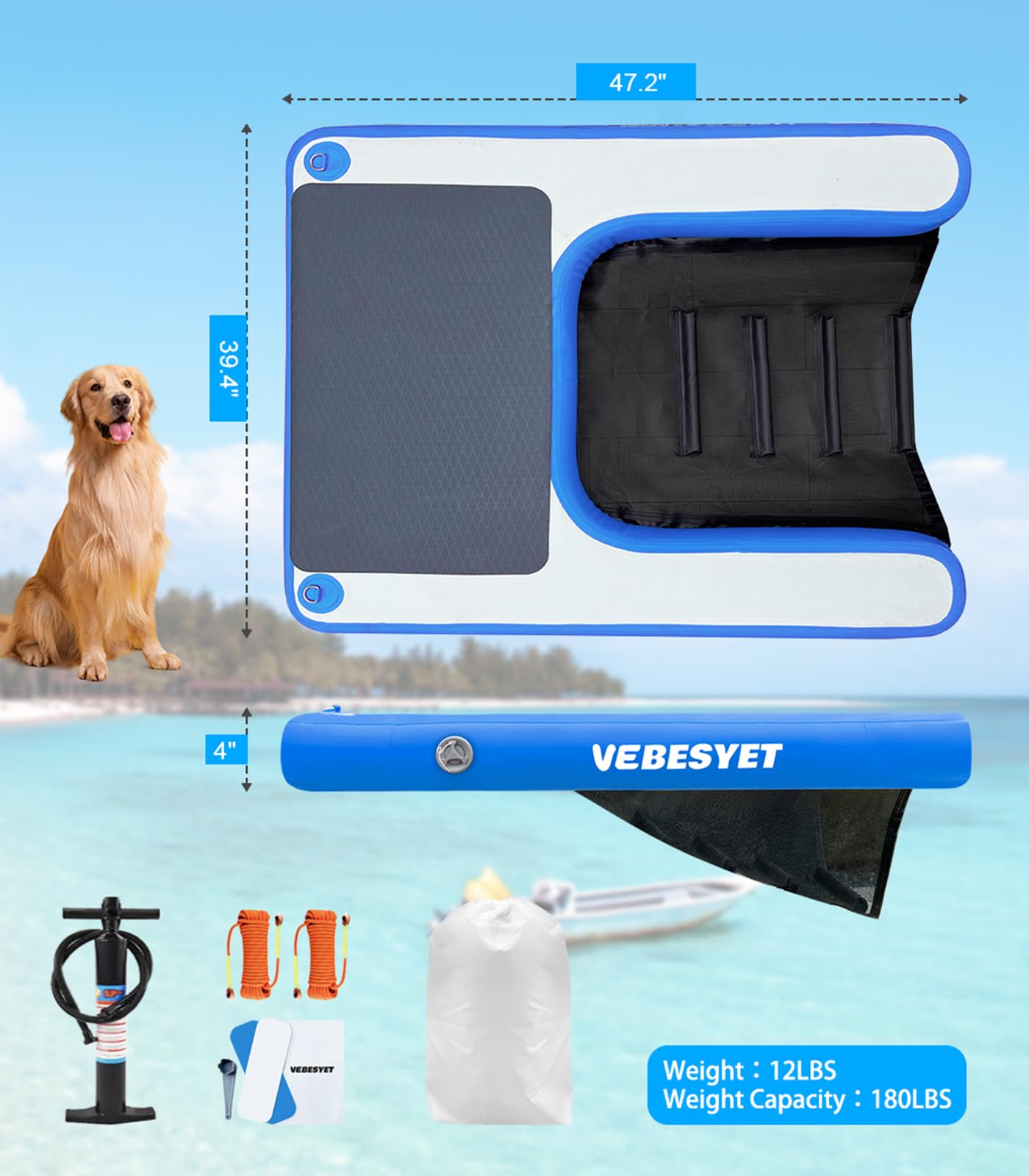 **Inflatable Dog Water Ramp for Pools, Boats & Lakes - Non-Slip EVA Floating Pet Ramp Ladder for Dogs Up to 150LBS - Perfect for Swimming, Dock Access & Water Play**