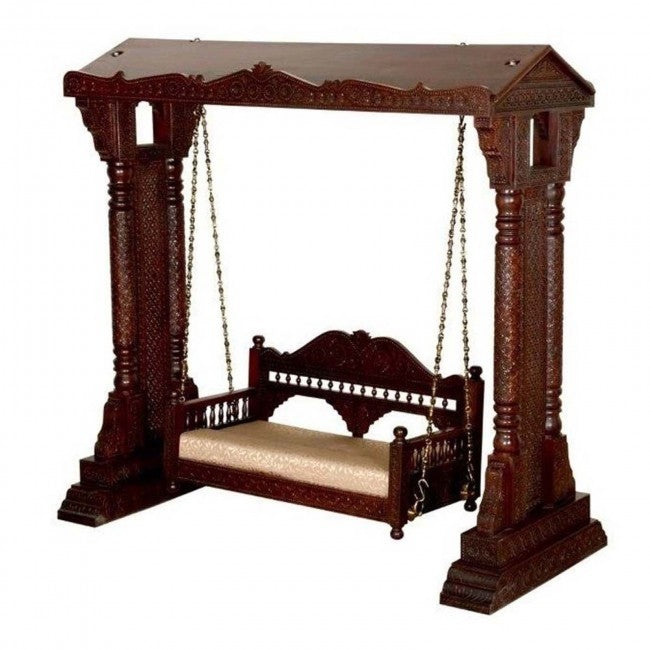 Hand Carved Elephant Design Swing Daybed - Brown Wooden Porch Swing Bed for Outdoor Patio, Garden, and Backyard Relaxation
