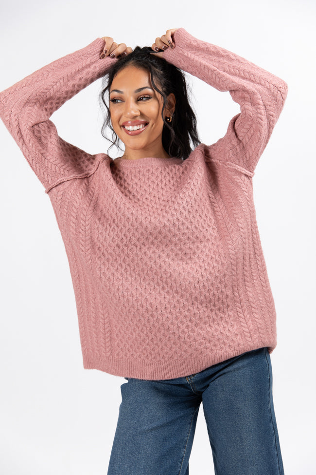 Cozy Oversized Cable Knit Sweater for Women - Soft Mauve Crew Neck Pullover | Perfect for Fall & Winter, Casual Outfits, and Cozy Loungewear