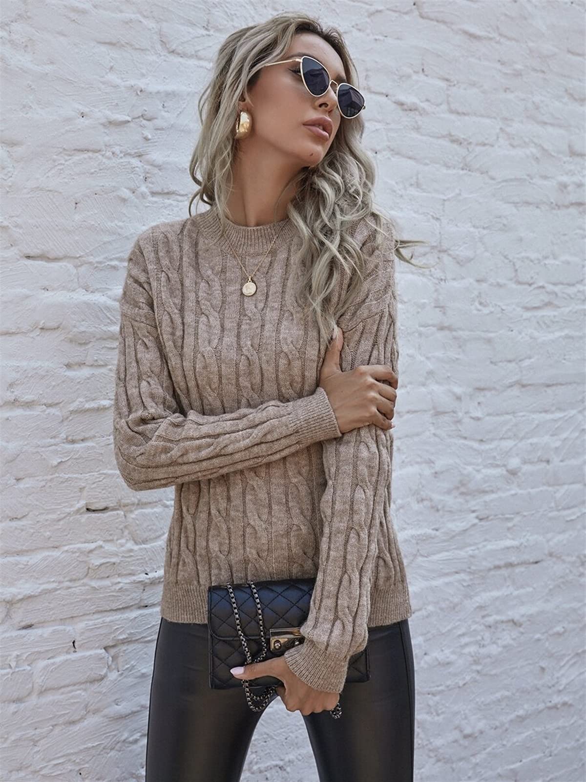 Women's Long Sleeve Cable Knit Sweater - Drop Shoulder Pullover Jumper Top (Khaki, Size L) | Cozy Fall & Winter Fashion for Casual Outings, Office Wear and Holiday Gatherings