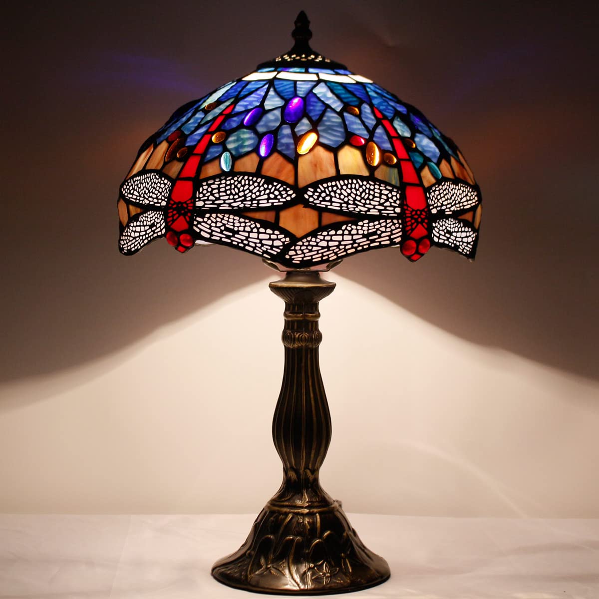WERFACTORY Tiffany Style Stained Glass Dragonfly Table Lamp - Blue & Red Handcrafted Bedside Reading Light, 12x12x18 Inches - Perfect for Bedroom Nightstand, Living Room Decor & Home Office (S688 Series)