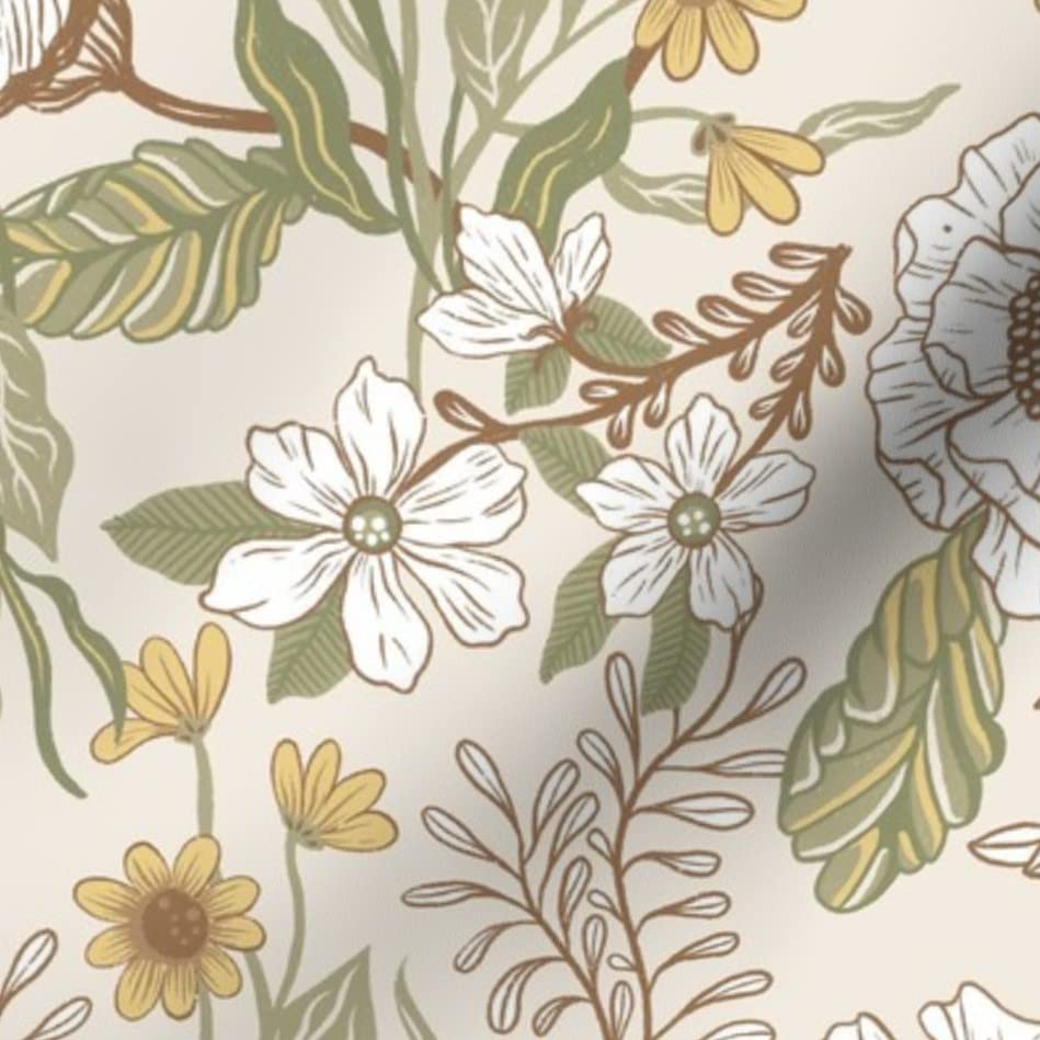 Bohemian Floral Sage Green Coffee Tone Printed Organic Cotton Sateen Fabric by The Yard - Perfect for Sewing, Quilting, Apparel & Home Decor - Spring Elegant Whimsical Design for Dresses, Curtains & DIY Crafts