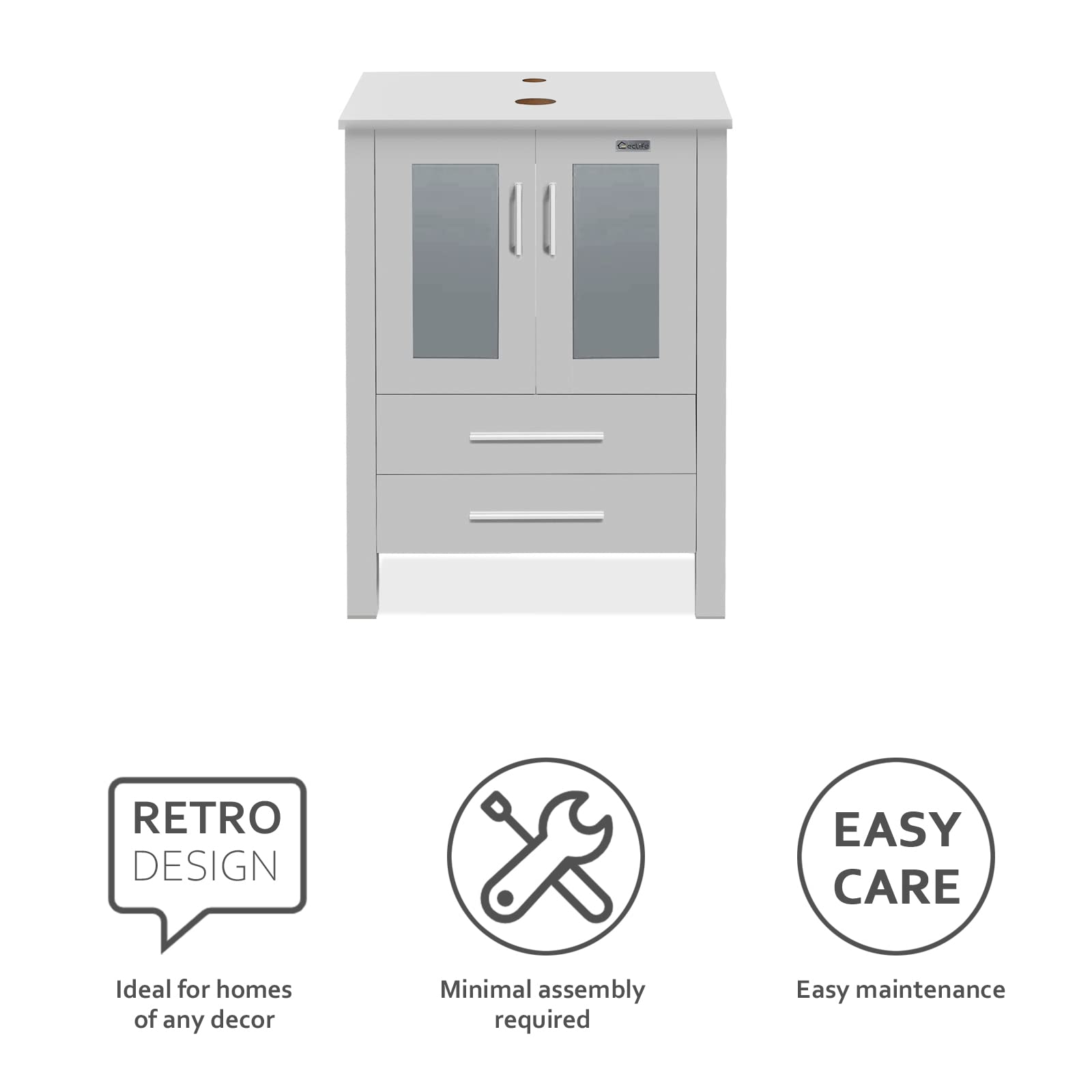 Eclife 24 Inch Modern Bathroom Vanity Set with Gray Stand Cabinet, Blue Boat Glass Vessel Sink, Water-Saving Faucet & Pop-Up Drain - Perfect for Small Bathrooms, Powder Rooms & Guest Baths (A29BU)