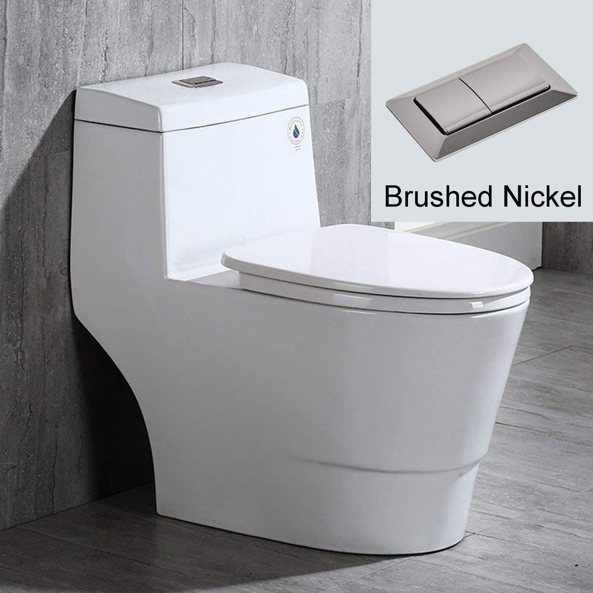 WOODBRIDGE One Piece Toilet with Soft Closing Seat - Chair Height ADA Compliant, 1.28 GPF Dual Flush Water Saving Toilet with 1000g MaP Flushing Score & Brushed Nickel Button (T0001-BN, White) - Perfect for Modern Bathrooms, Small Spaces & Water Conservation Homes