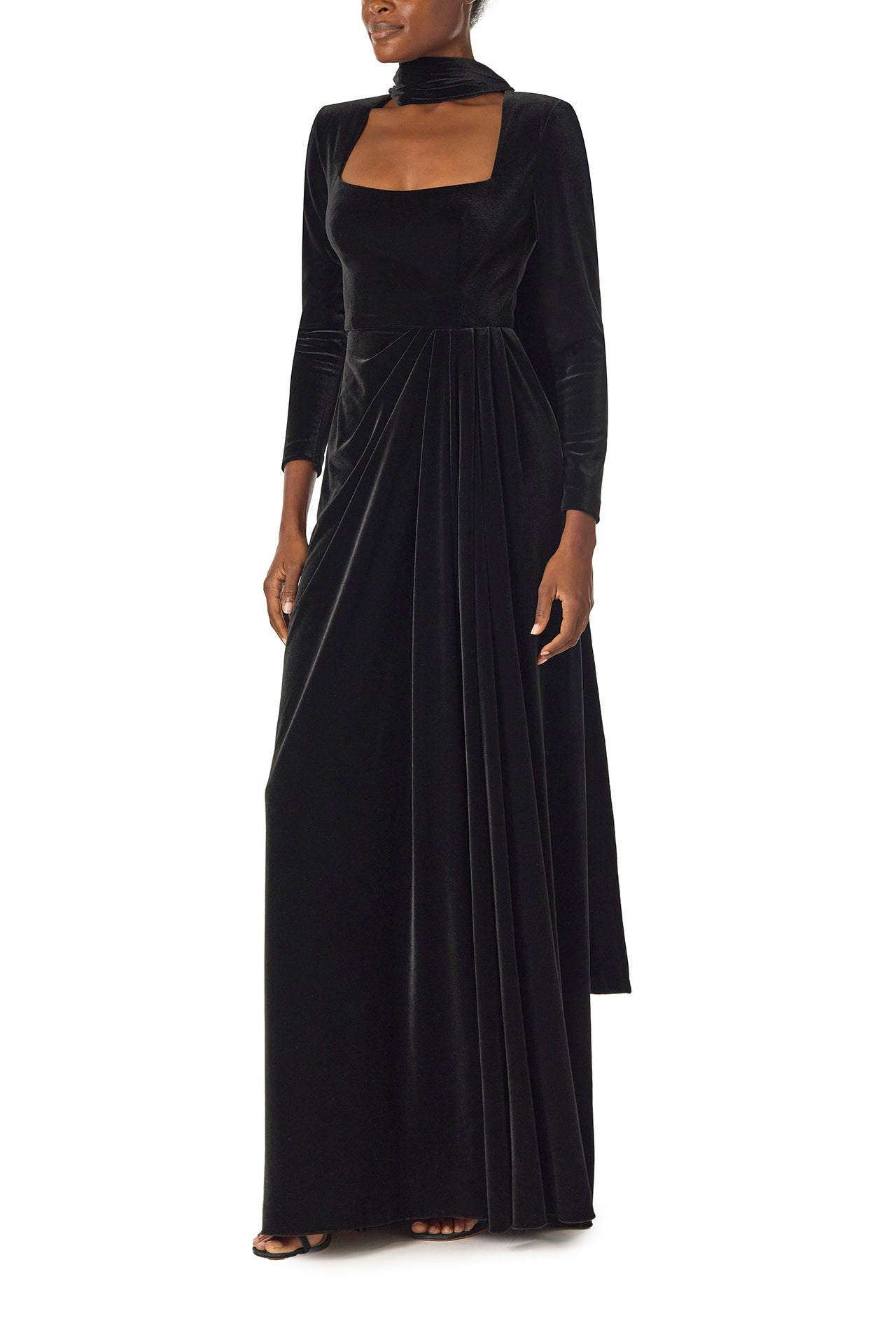 Luxury Long Sleeve Velour Gown with Detachable Scarf - Soft Winter Nightgown for Women, Perfect for Home Relaxation & Spa Days