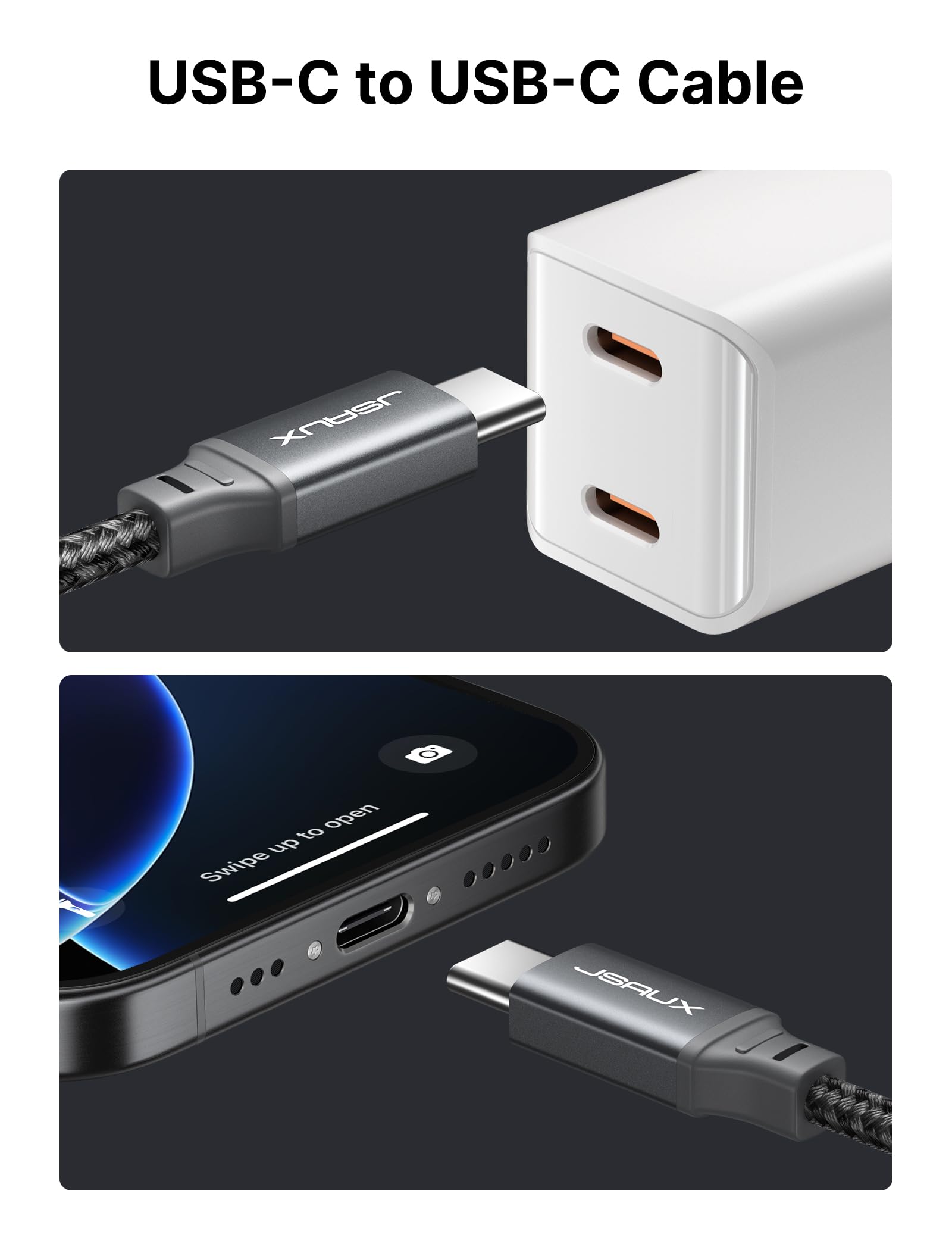 JSAUX 100W USB C to USB C Fast Charging Cable 3M (10ft) - PD Compatible with MacBook Pro/Air, iPad Pro/Air/Mini, Samsung Galaxy S23/S22/S21/S20 Ultra, Google Pixel - Grey | Perfect for Home, Office & Travel Charging