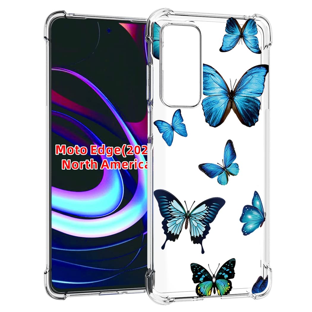 Shockproof Clear TPU Phone Case for Moto Edge 2021/5G UW/G Power 2022 - Cute Blue Butterfly Pattern Slim Protective Cover | Durable Soft Rubber Back for Motorola Edge 2021 - Perfect for Daily Use, Work & Travel Protection