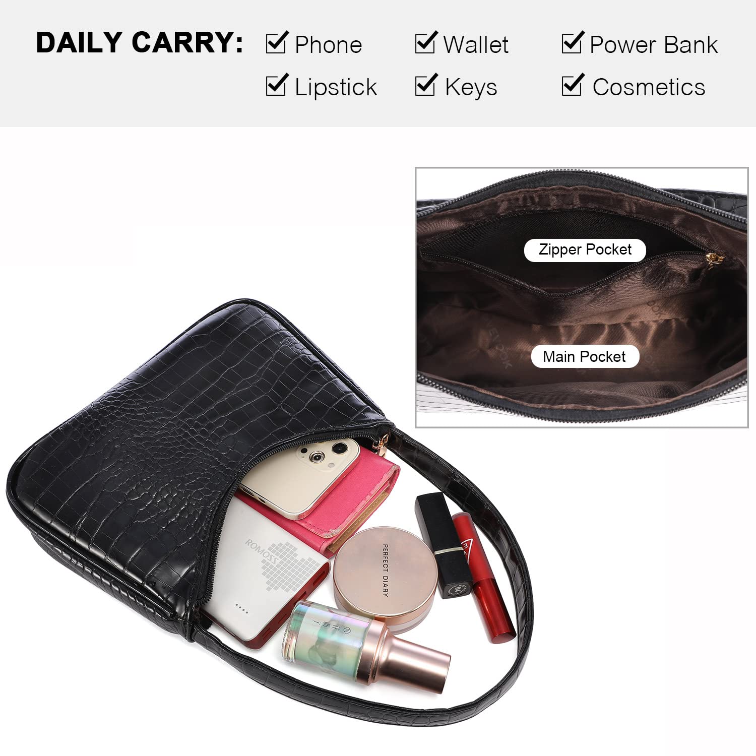 LOVEVOOK Women's Small Shoulder Bag - Crocodile Pattern Vegan Leather Clutch Purse, Cute Mini Handbag for Everyday Use, Date Night & Shopping