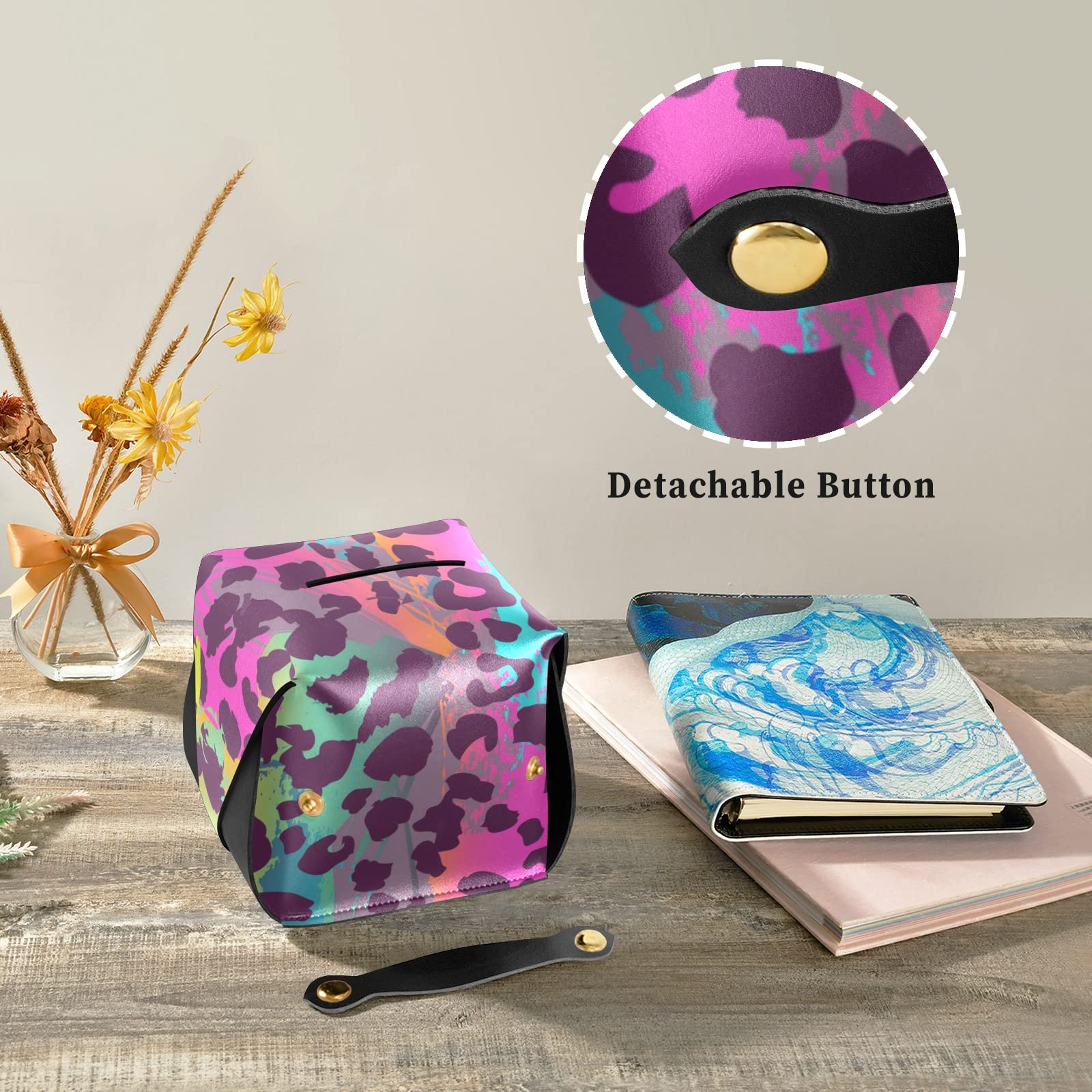 Rainbow Leopard Print PU Leather Tissue Box Cover - Rectangular Bathroom & Countertop Organizer with Handle for Home, Office, Living Room Decor
