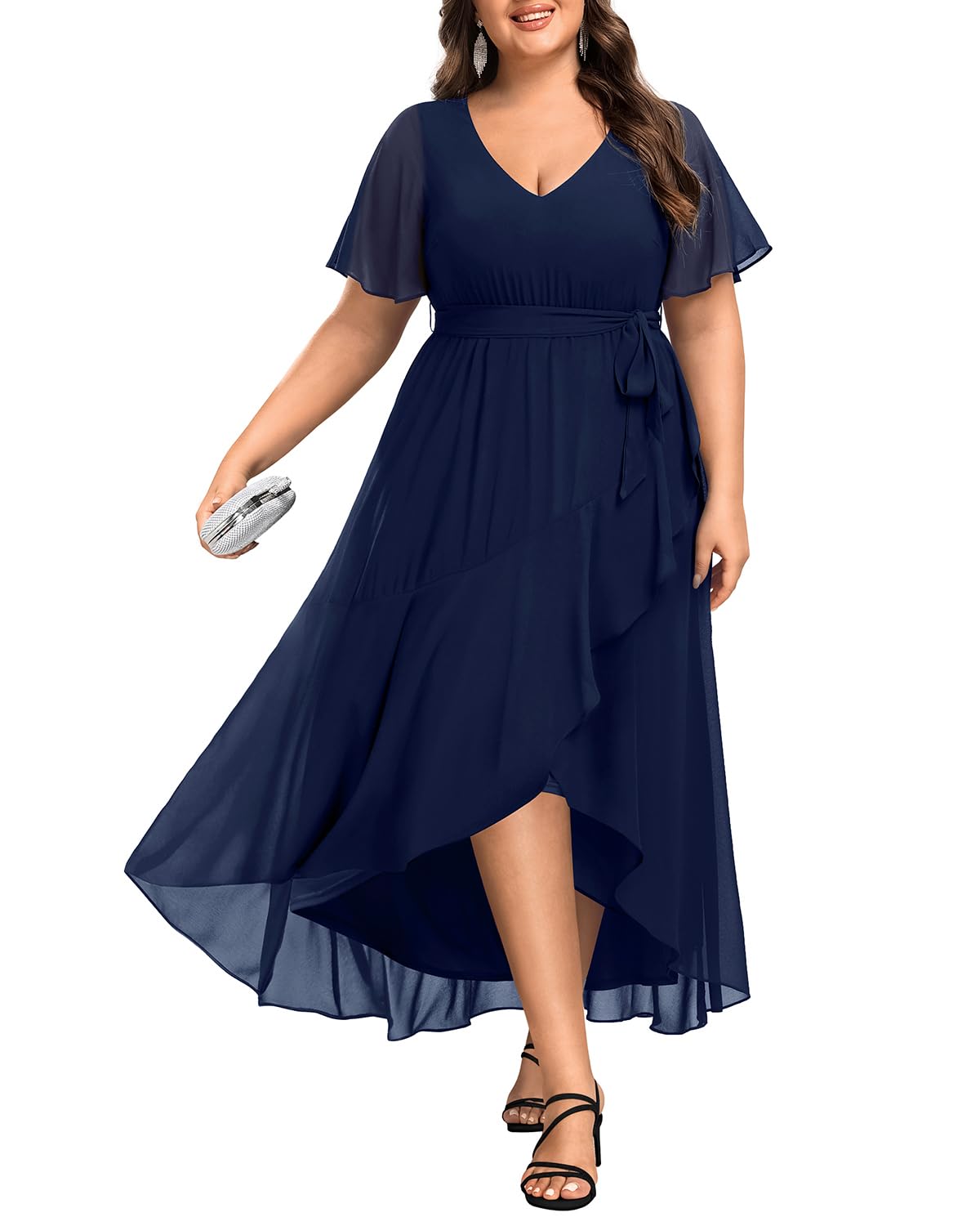 Plus Size Long Chiffon Dress for Women - Elegant High Low Split Ruffle Formal Maxi Dress for Wedding Guest, Bridesmaid & Evening Events | Perfect for Parties, Galas & Special Occasions