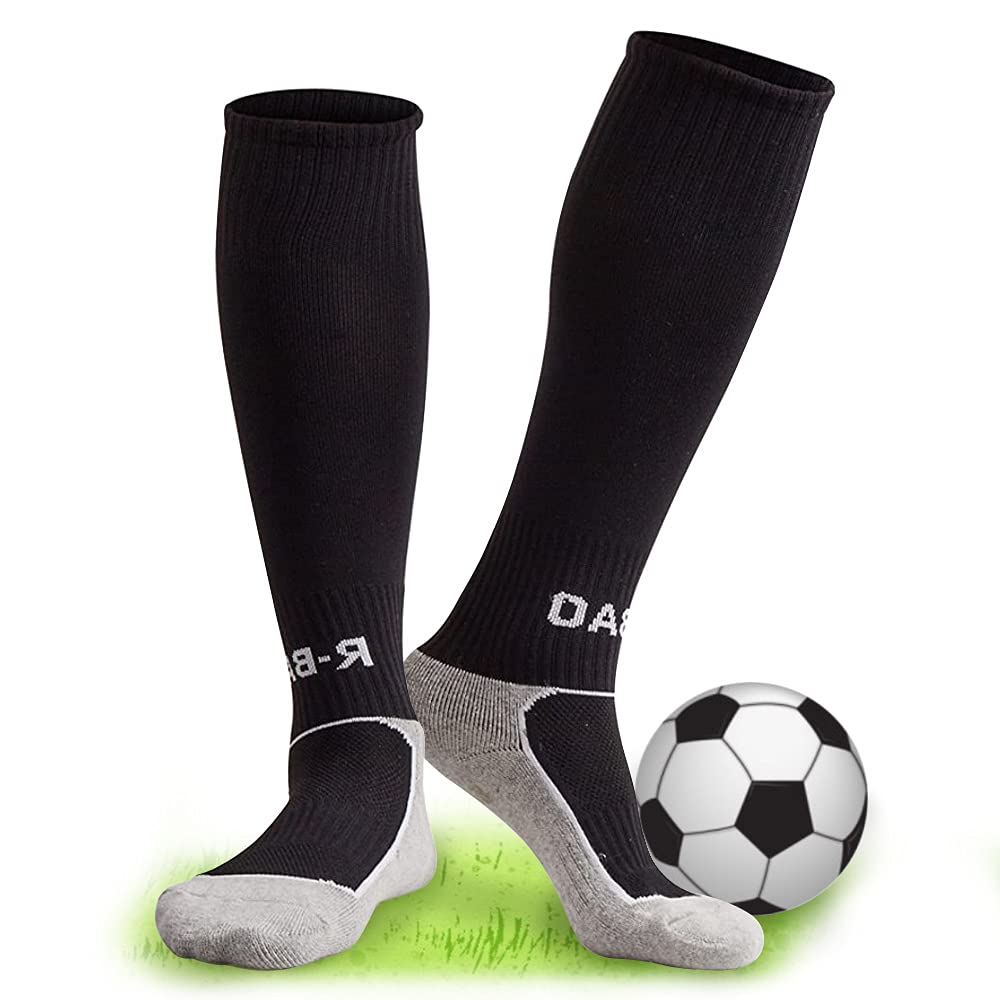 XCOZU Black Football Socks for Kids - Breathable Sports Training Socks for Soccer, Hockey, Rugby & Running - Comfortable Long Tube Socks for Boys & Girls (Toddler/Kids) - Perfect for School PE, Team Sports & Outdoor Activities