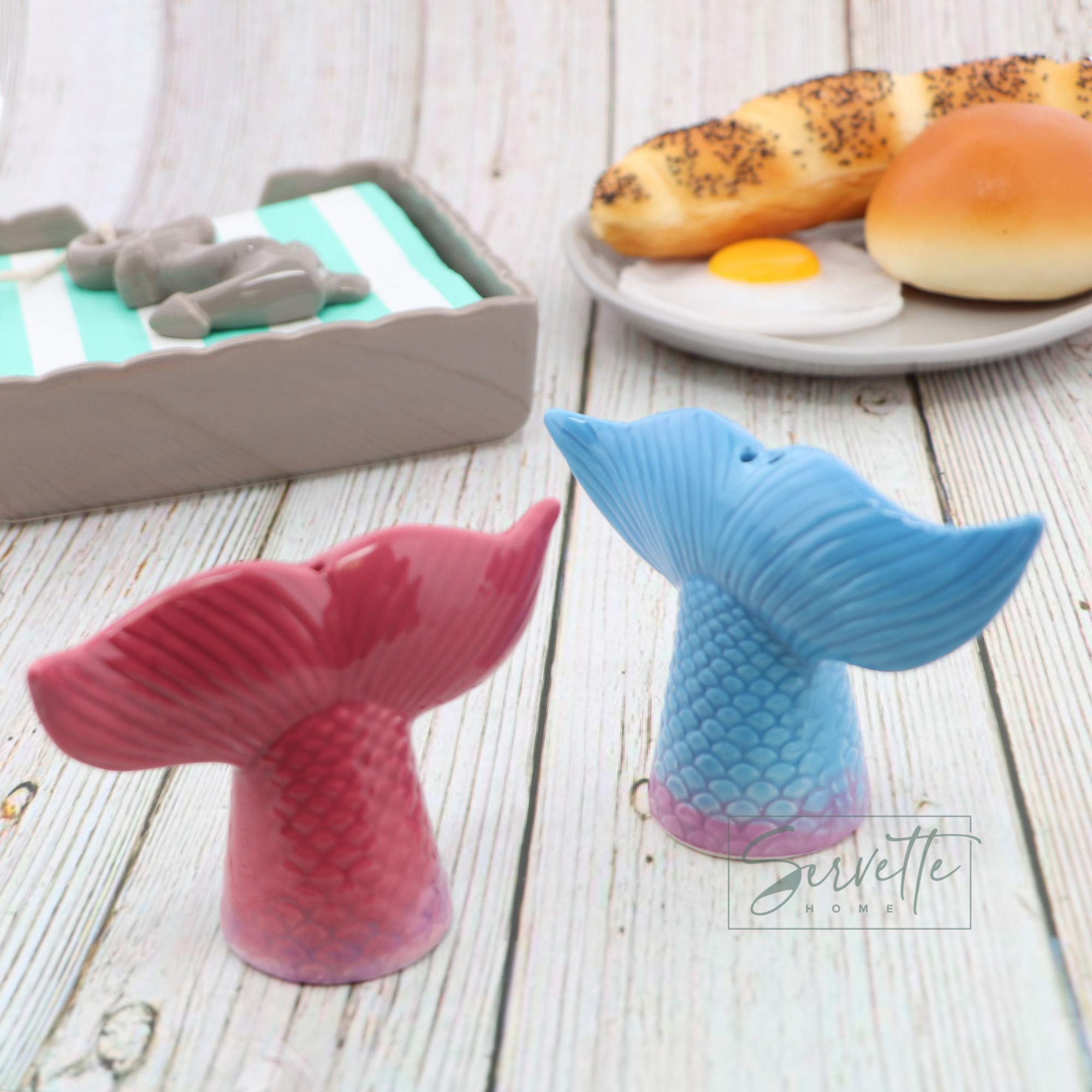 Ceramic Salt and Pepper Shakers Set - Nautical Fish Tail Design Kitchen Décor for Dining Table, Restaurant, or Home Cooking Essentials
