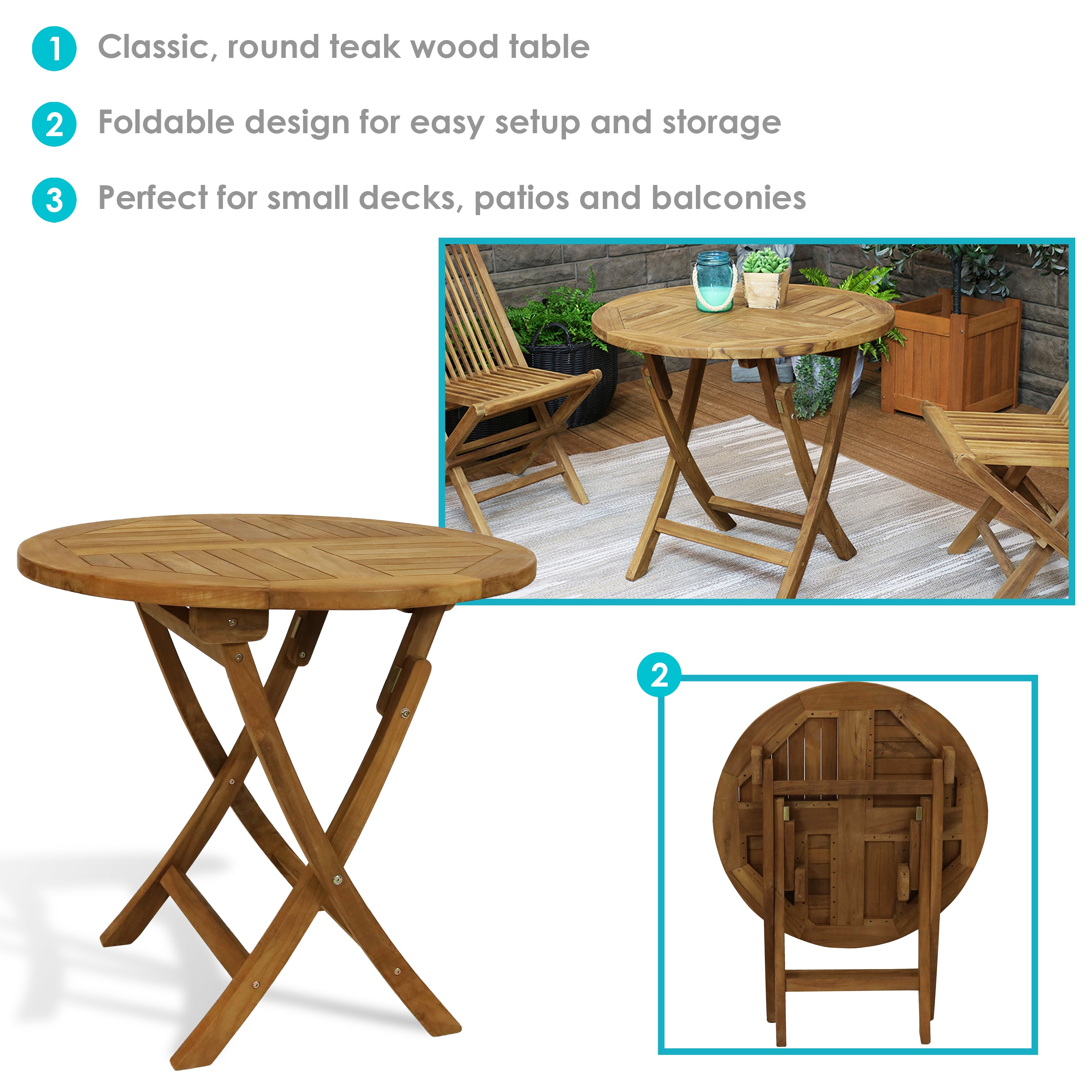 Premium Teak Wood Round Folding Table - Outdoor Patio Dining & Garden Furniture for Backyard, Poolside & Camping