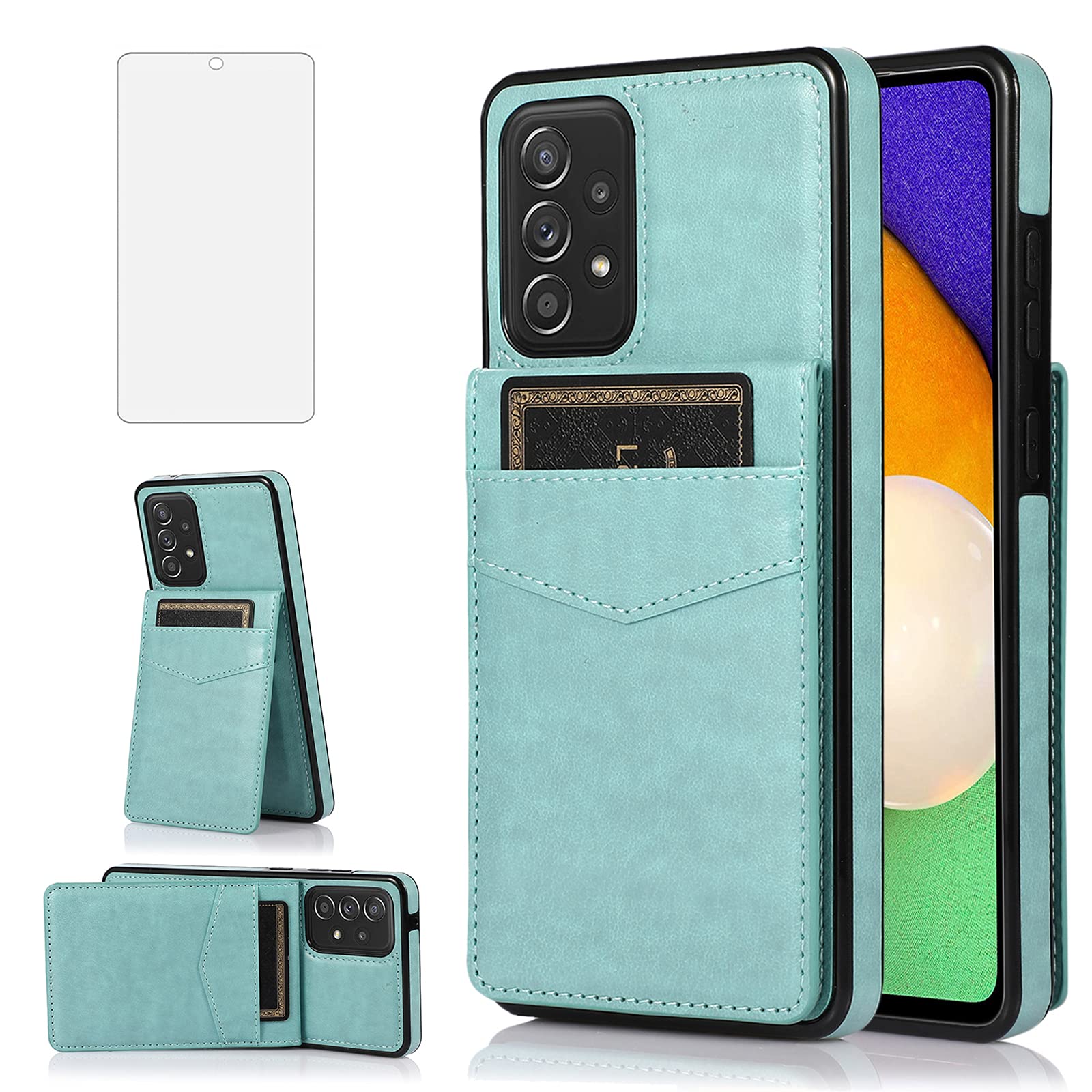 Premium Leather Wallet Phone Case for Samsung Galaxy A52 5G/4G with Tempered Glass Screen Protector, Credit Card Holder & Kickstand - Durable Protective Cover for Men & Women (Green) - Perfect for Work, Travel and Everyday Use