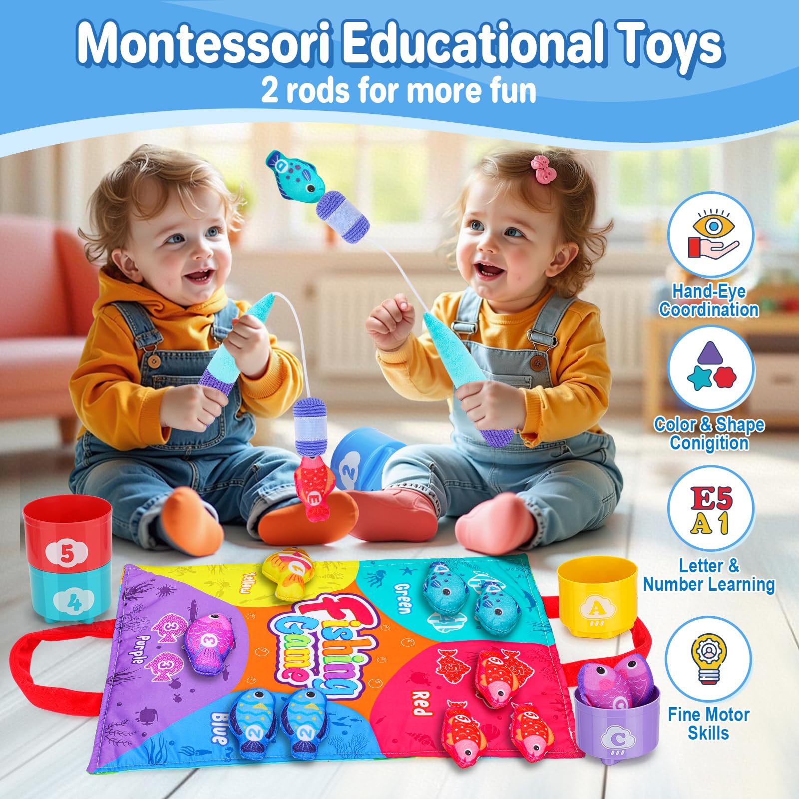 Montessori Toys for 1-2 Year Olds - 23pcs Cloth Fishing Game with Stacking Cups | Learning & Sorting Toys for Toddlers | Perfect Birthday Gift for Babies