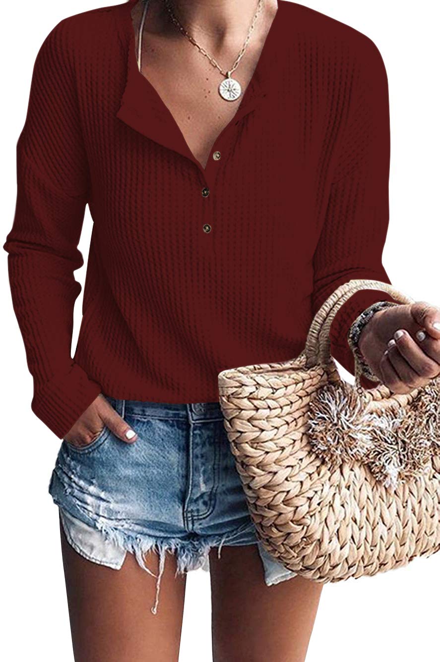 Glanzition Women's Casual V-Neck Button-Up Loose Waffle Knit Tunic Henley Shirt - Comfortable & Stylish for Everyday Wear, Work, and Outings