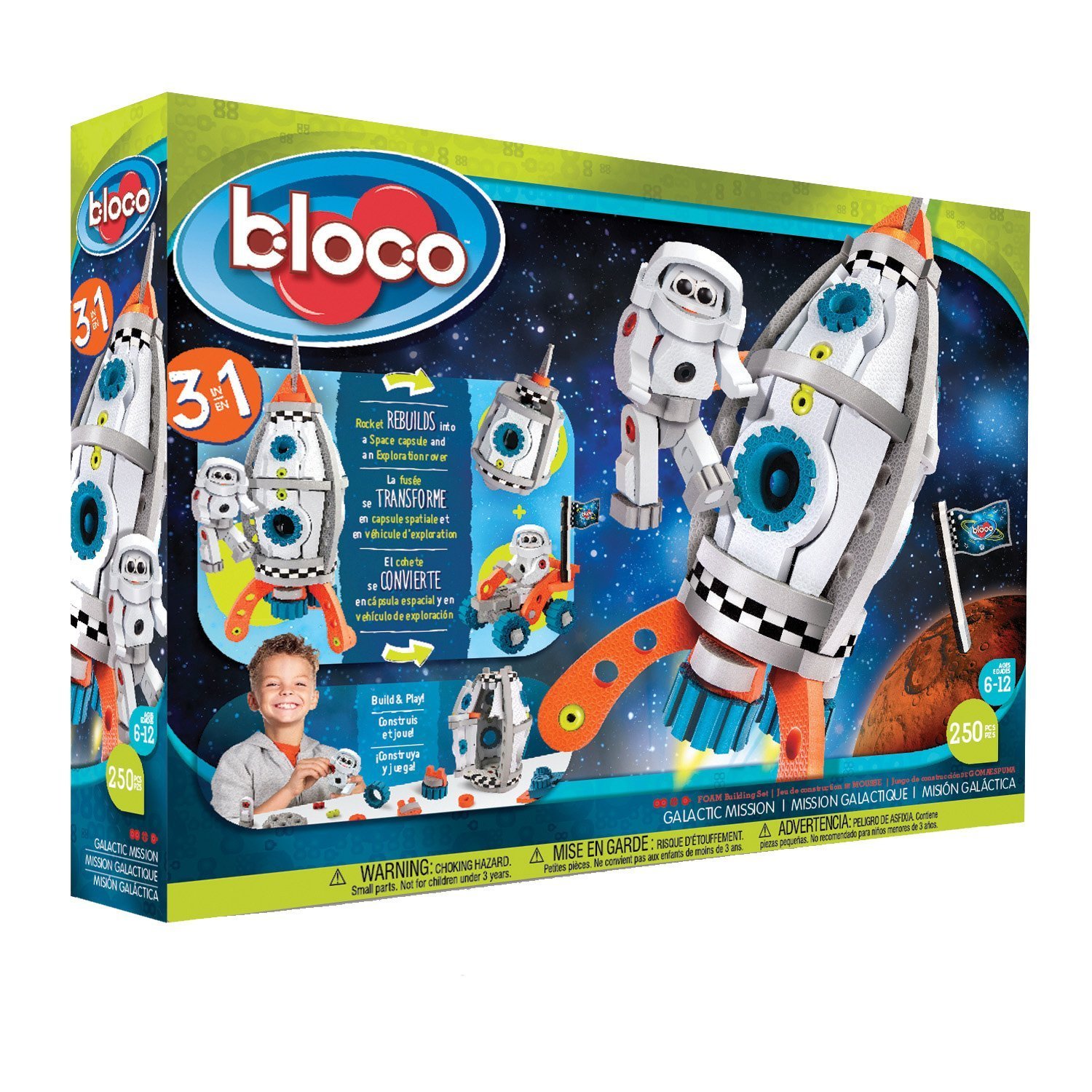 Bloco Toys 3-in-1 Galactic Mission STEM Building Kit - Astronaut Spacecraft & Shuttle Rocket DIY Construction Set (210 Pieces) - Perfect for Kids STEM Learning & Space Exploration Play