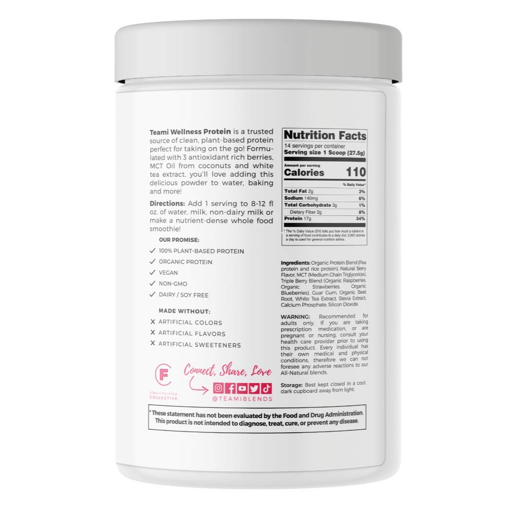 Teami Vegan Protein Powder - Organic Plant Based Pea Protein Powder | Low Carb, Non-GMO, Dairy Free, Soy Free, No Sugar Added | Triple Berry Flavor (14 Servings, 13.6 oz) for Smoothies, Baking & Post-Workout Recovery