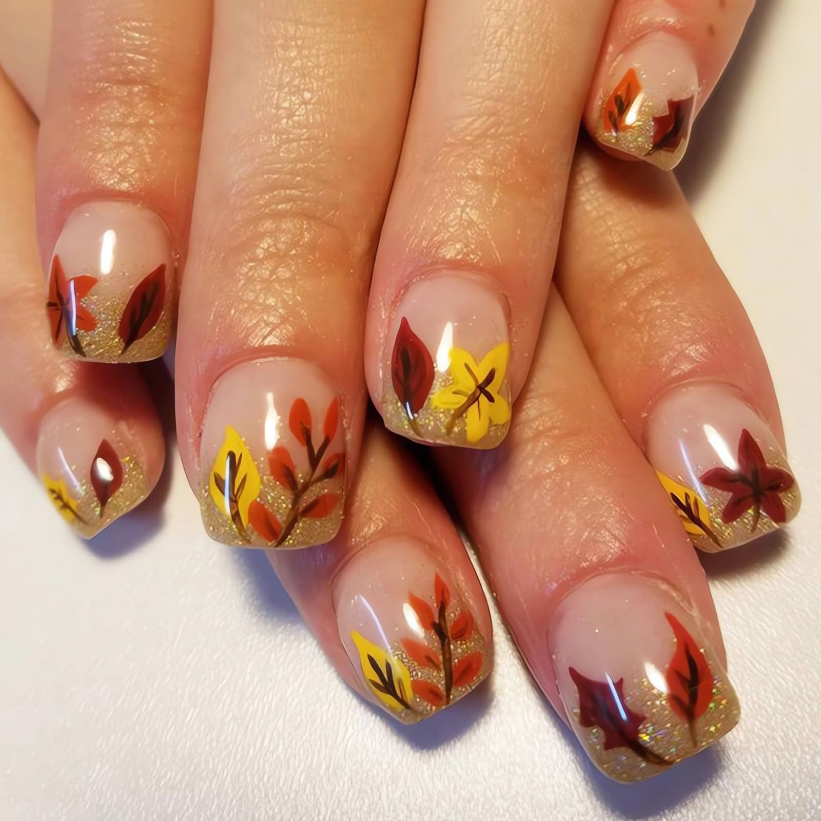 Maple Leaf Press on Nails - Short Square Fake Nails with Glossy Gold Glitter | Full Cover Fall Leaves Design | Autumn Thanksgiving Nail Art Decor for Women | Perfect for Thanksgiving Parties, Halloween Costumes & Seasonal Nail Fashion