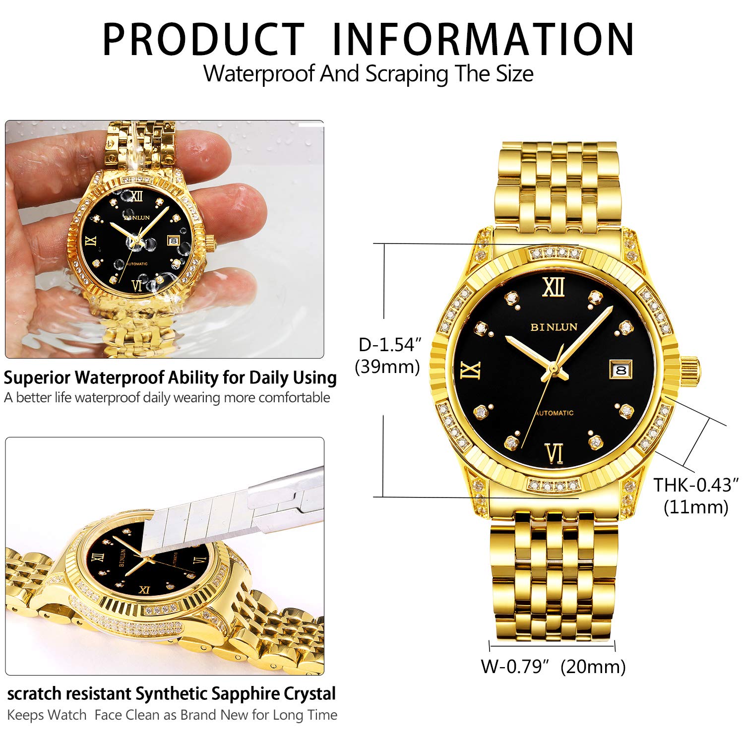 BINLUN Automatic Mechanical Men's Watch - 18K Gold-Plated Self-Winding Luxury Wristwatch for Men | Stylish Dress Watch for Business, Formal Events & Everyday Wear