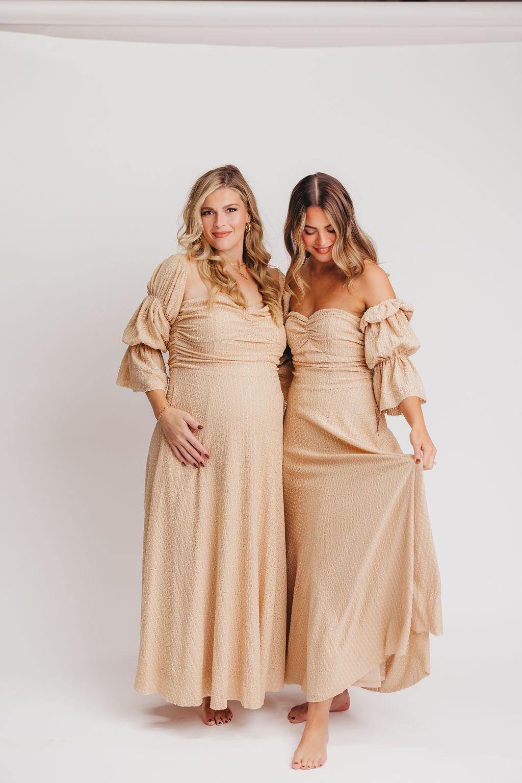 Corrine Tiered Sleeve Maxi Dress with Pockets - Bump Friendly Maternity Dress in Beige | Perfect for Pregnancy, Nursing, and Special Occasions