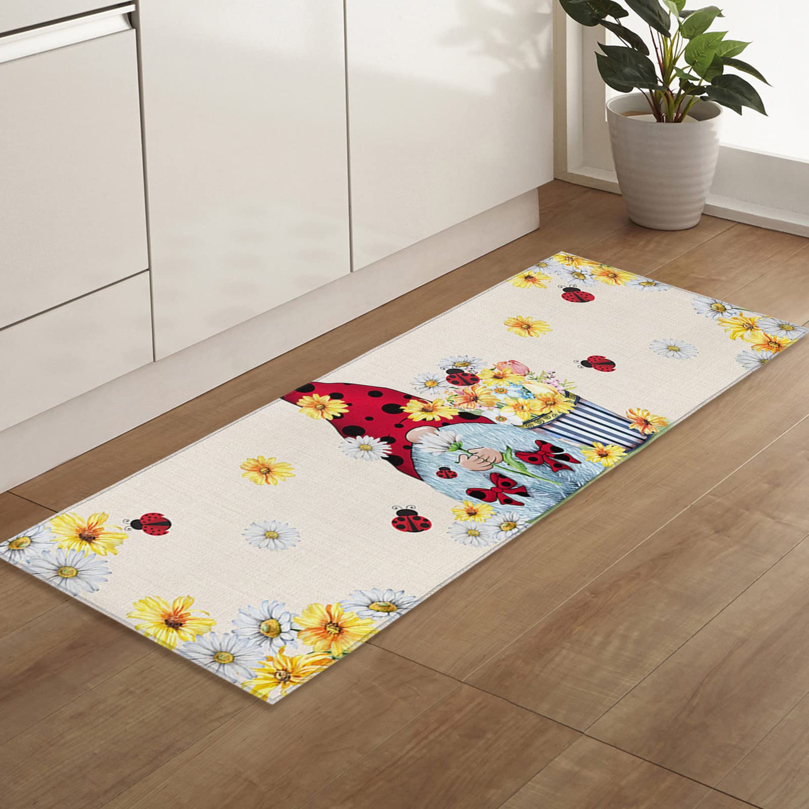 **Non-Slip Cushioned Kitchen Mat - Absorbent Ladybug Gnomes Bathroom Rug, Waterproof Farmhouse Daisy Throw Carpet for Office, Laundry & Standing - 19.7