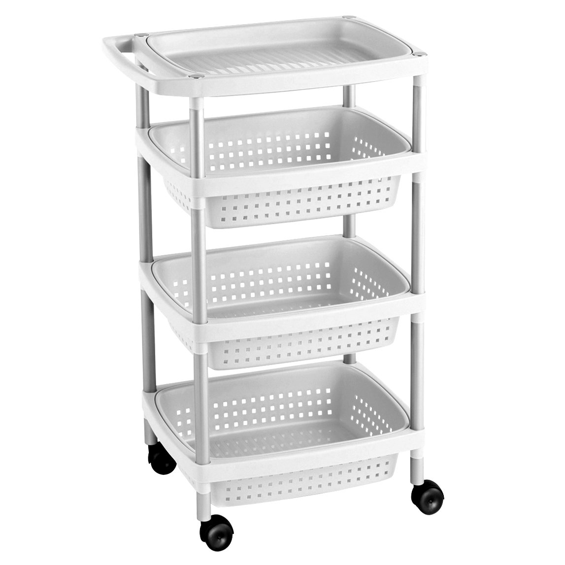 4-Tier Rolling Vegetable Cart - White Kitchen Storage Organizer for Fruits, Veggies & Pantry Items - Perfect for Home, Grocery Store & Farmers Market